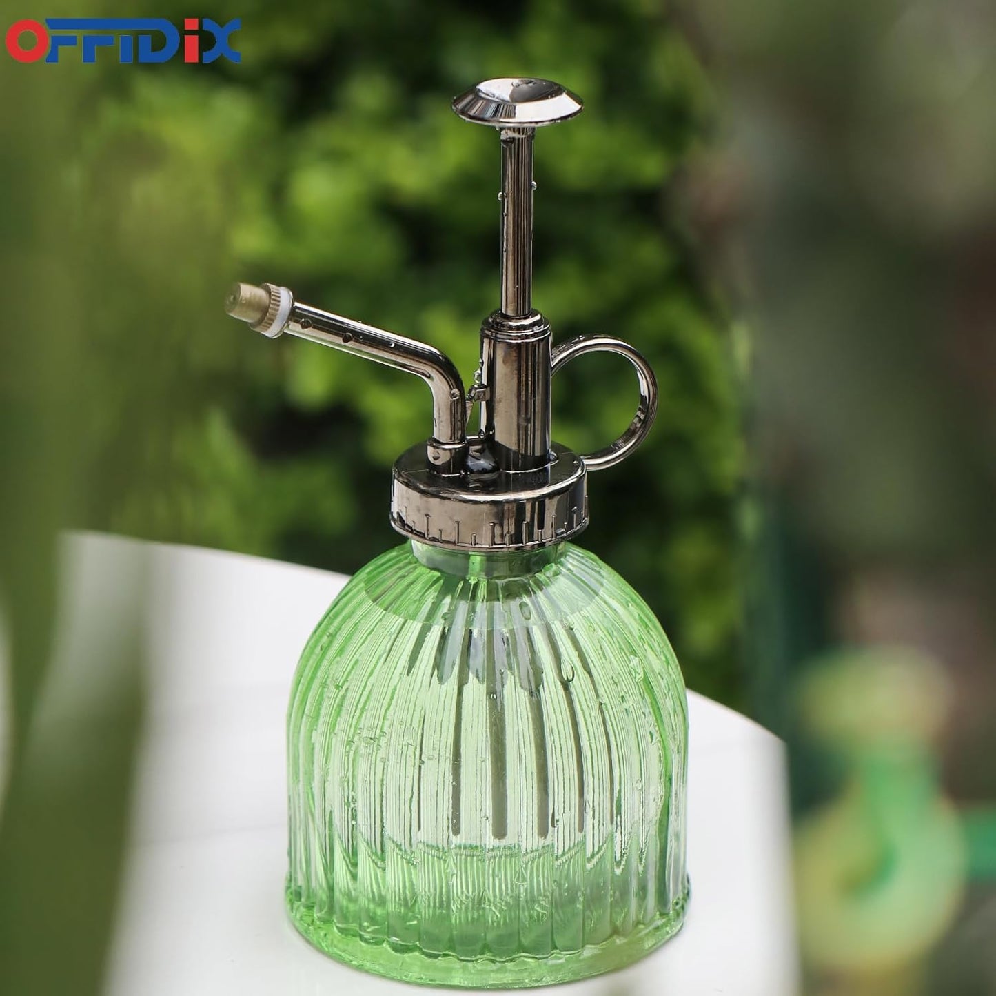 OFFIDIX Glass Plant Mister, 6.3 Inches Tall Vintage Style Spritzer Bronze Plastic Top Pump One Hand Watering Can Indoor Plant Spray Bottle for Garden, Plants, Cleaning (Light Green)