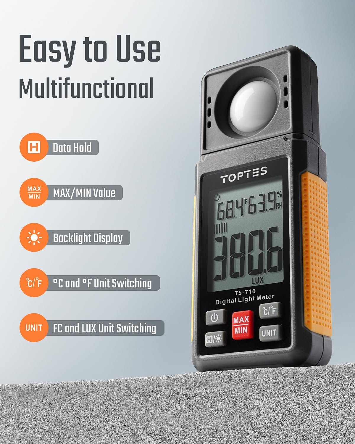 TS-710 Light Meter, Lux/Foot Candles Meter with 180º Rotating Sensor, 0.1~200,000 Lux Range, Large Backlit Display, Light Meter for Plants, Car Headlights, Home & Office LEDs (Includes Battery)