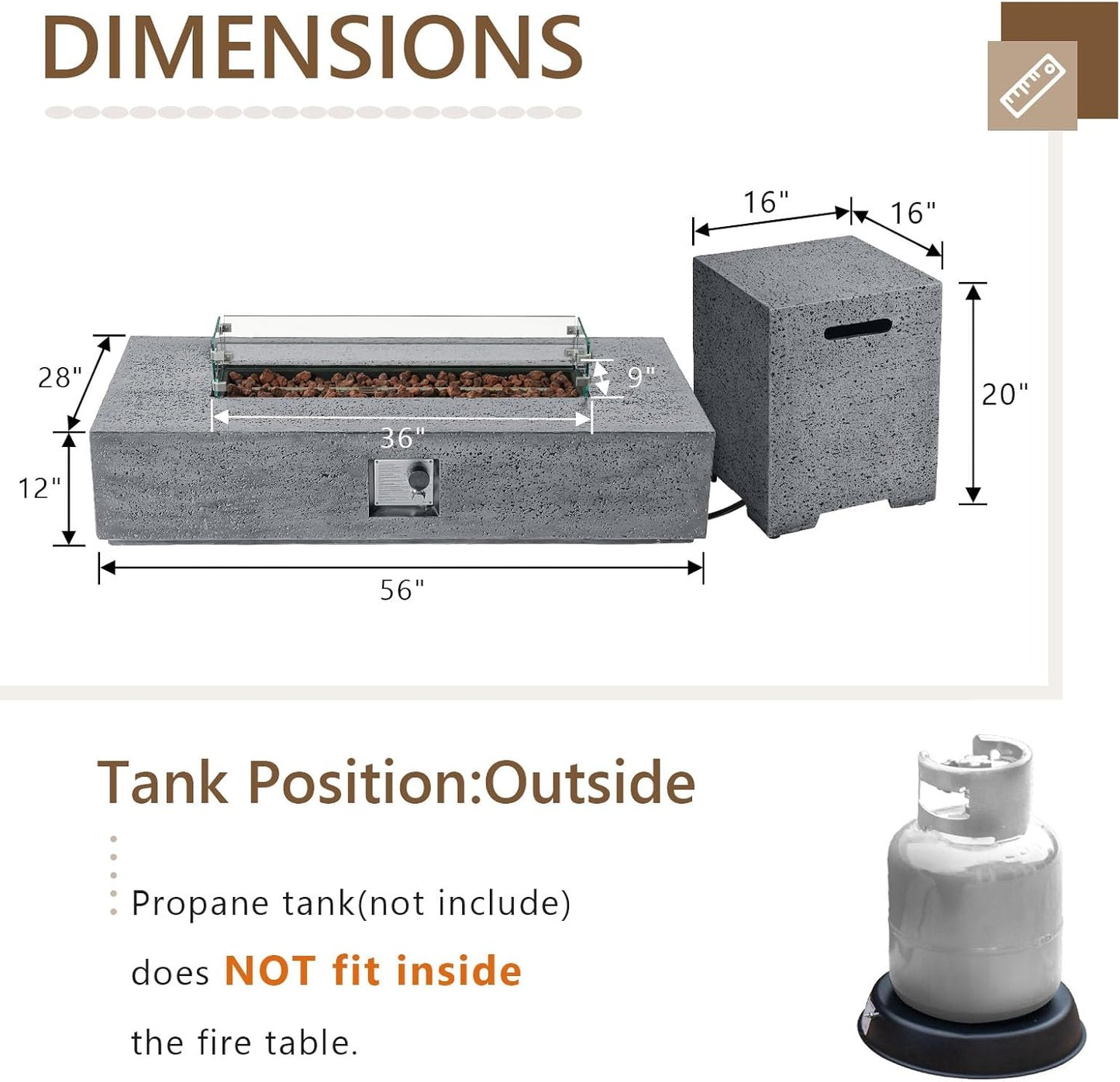 COSIEST 56 x 28 inch Outdoor Propane Fire Pit Coffee Table w Concrete Rectangle Base, CSA Certified, 50,000 BTU, Free Lava Rocks and RainCover, Fits 20lb Tank Outside, Wind Guard, Tank Cover, Gray