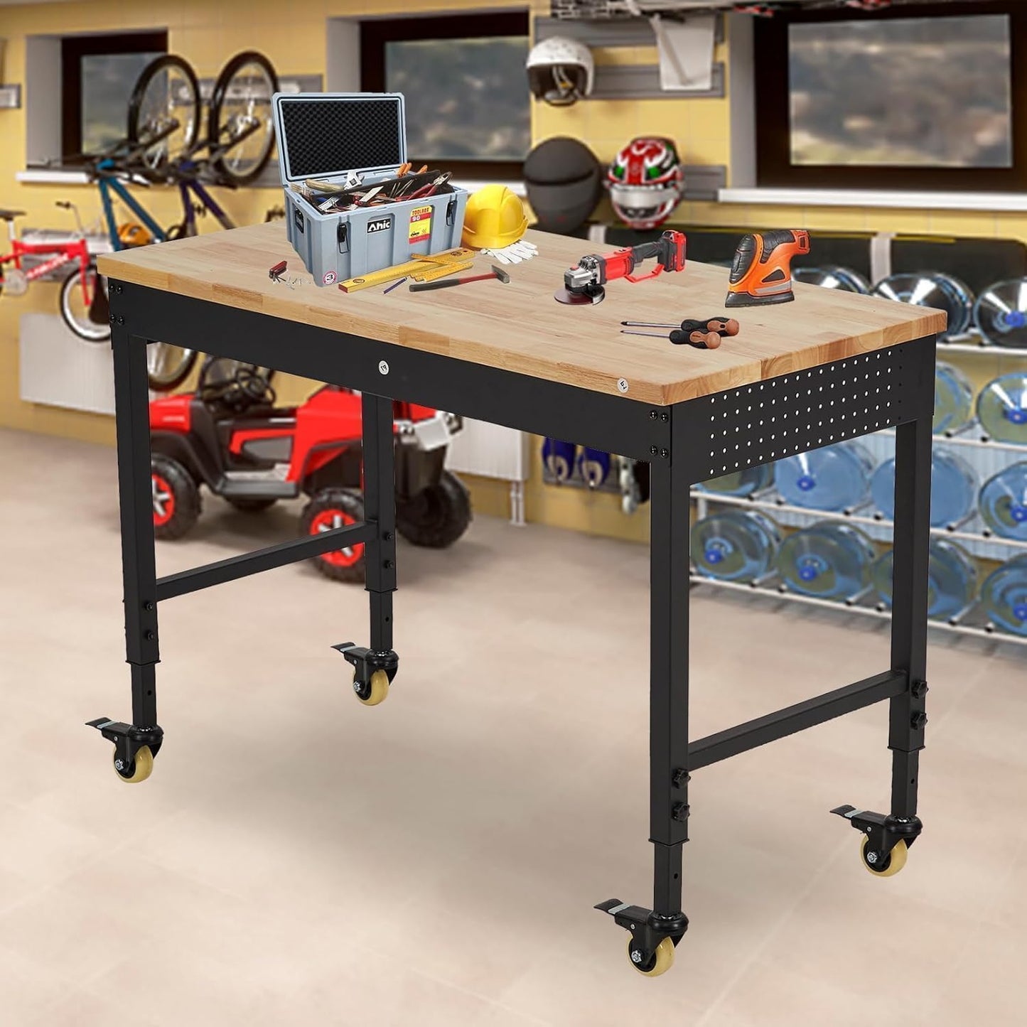 75'' Adjustable Workbench on Wheels, 2000LBS Heavy Duty Worktable with Power Outlets, Rubberwood Workstation for Workshop, Garage, Office, Home