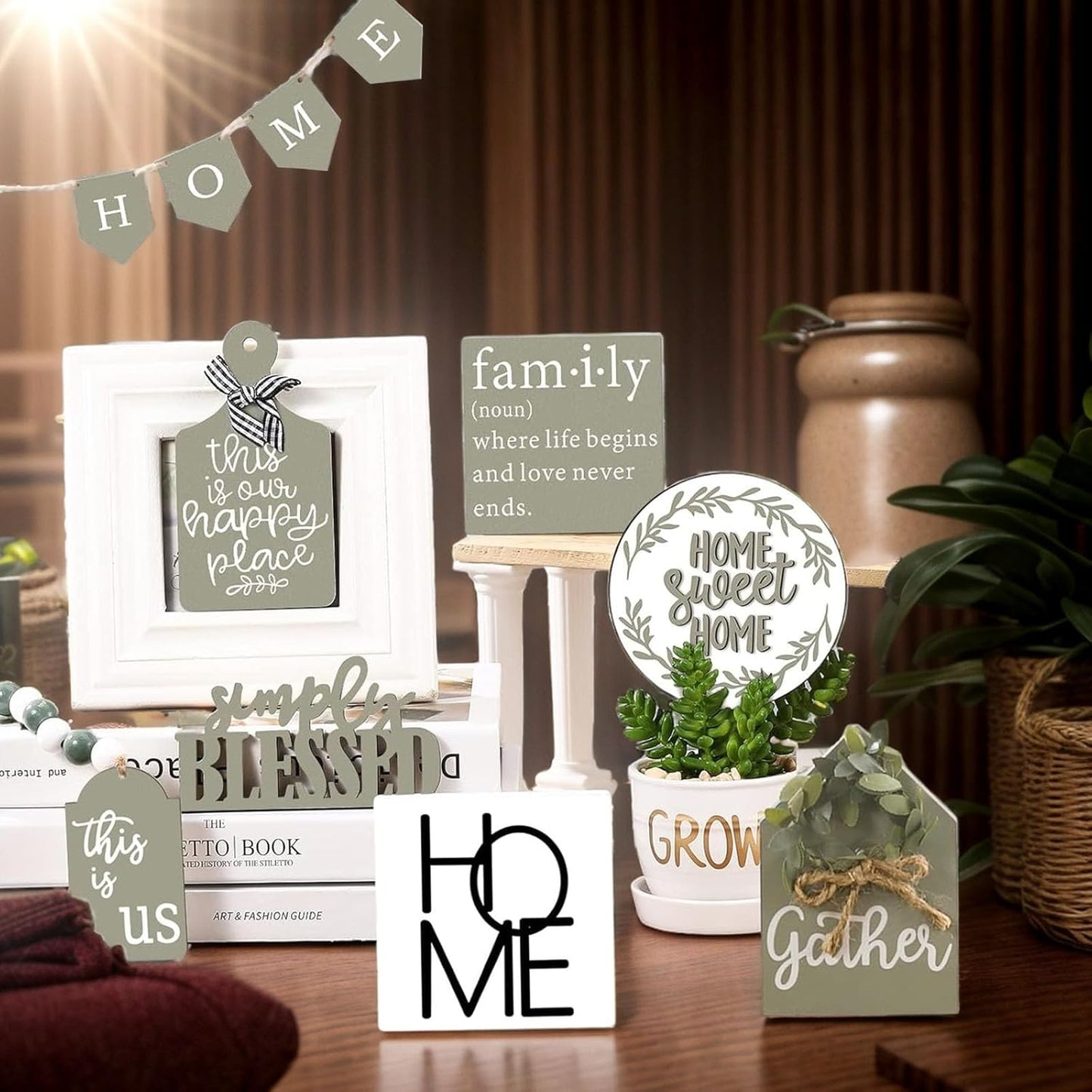 11PCS Farmhouse Tiered Tray Decor Set – Rustic Wooden Mini Signs and Decorations for Home and Kitchen Display (Tiered Tray Not Included)