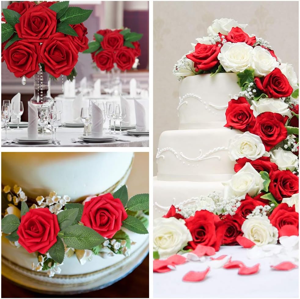 AmyHomie Artificial Flowers Dark Red Rose 50pcs Real Looking Fake Roses w/Stem for DIY Wedding Bouquets Centerpieces Arrangements Party Baby Shower Home Decorations