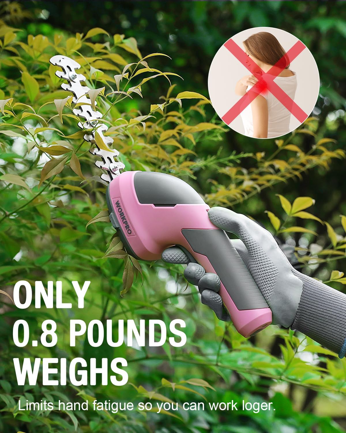 WORKPRO Cordless Grass Shear & Shrubbery Trimmer - 2 in 1 Handheld Hedge Trimmer 7.2V Electric Grass Trimmer Hedge Shears/Grass Cutter Rechargeable Lithium-Ion Battery and Type-C Cable - Pink Ribbon