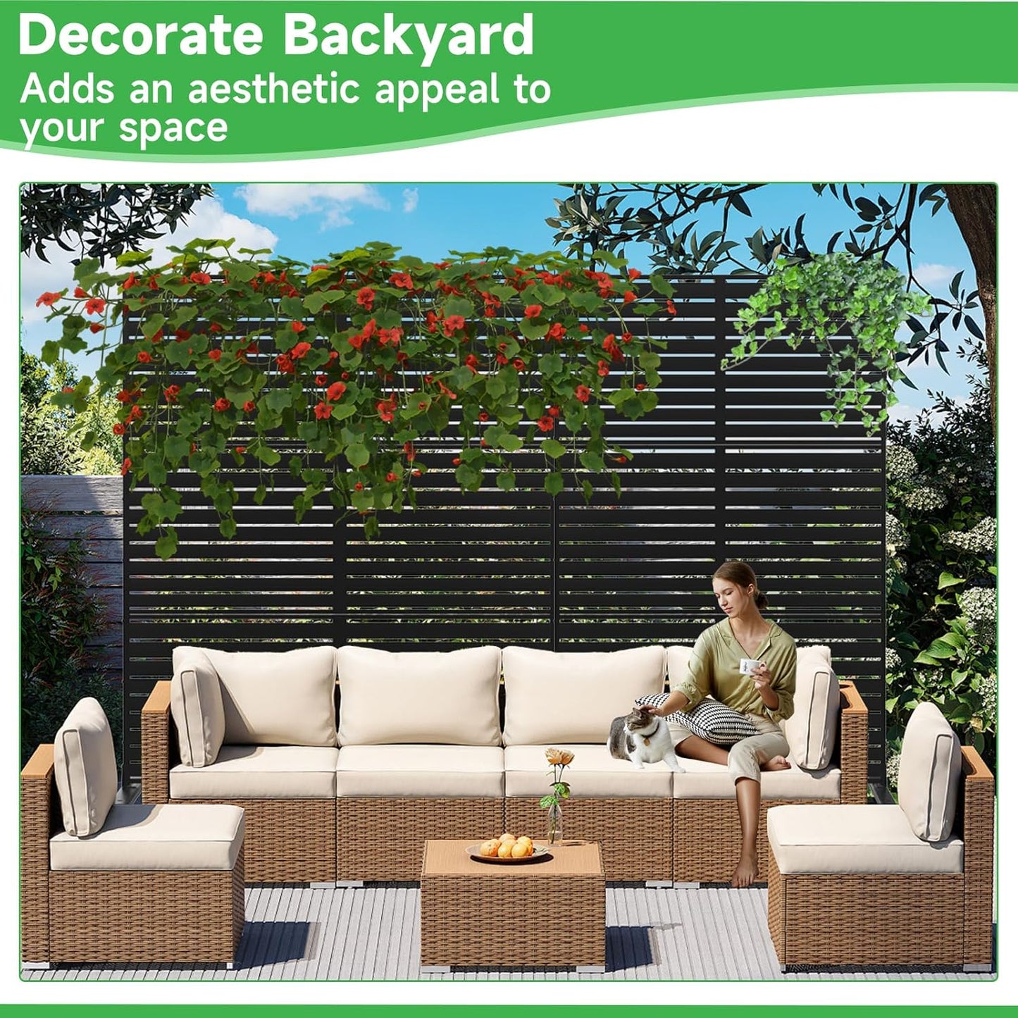 Metal Privacy Screen 72" H x 47.2" Decorative Outdoor Privacy Screen Privacy Panel with Stand for Balcony Deck Patio Lawn Garden, Privacy Fence (Black-Louvered)