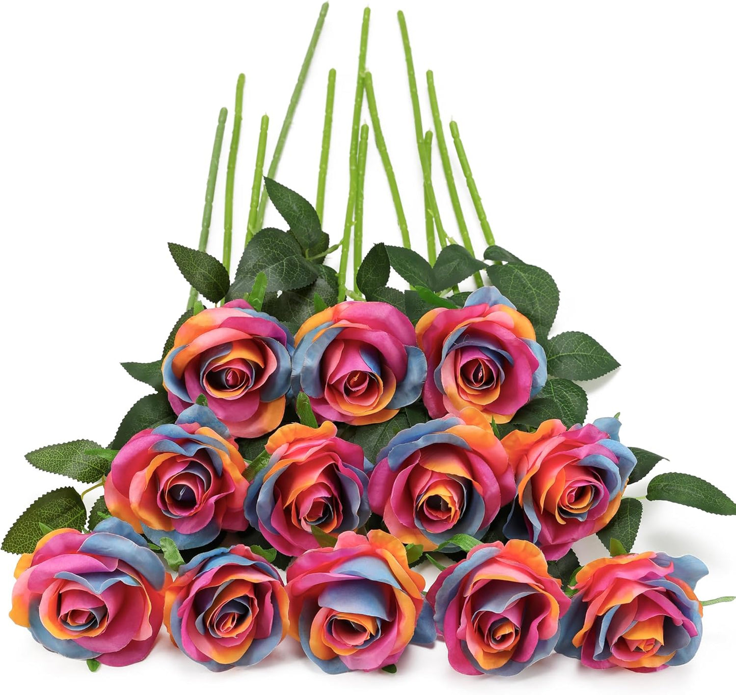 Rainbow Fake Roses Artificial Flowers - 10 Pcs Fake Artificial Roses Silk Flowers with Stems for Home Wedding Hotel Office Centerpiece Decor(Rainbow)