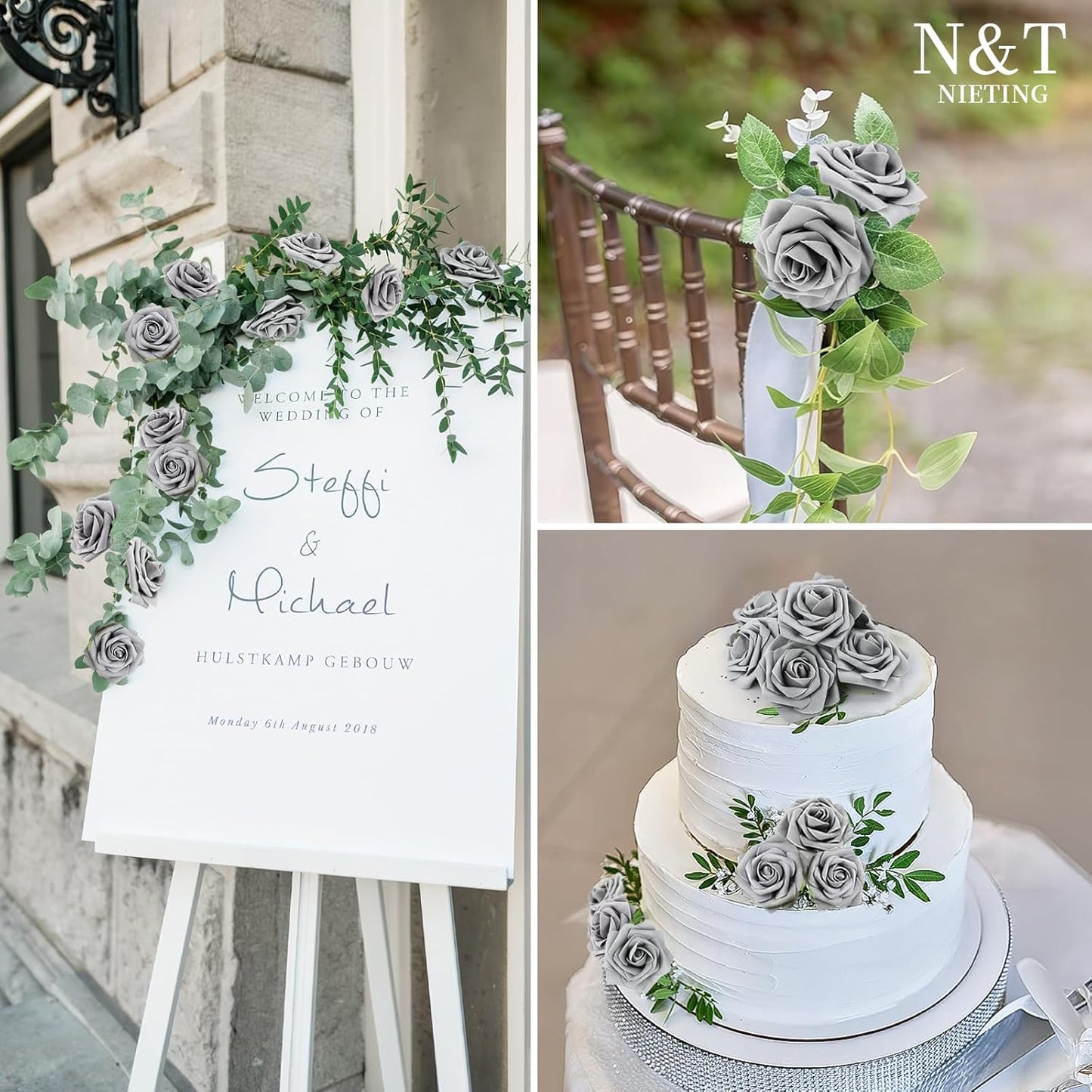 N&T NIETING Artificial Rose, 50pcs Gray Fake Foam Flowers with Stems for Wedding Party Baby Shower Cake Decoration, Home Display