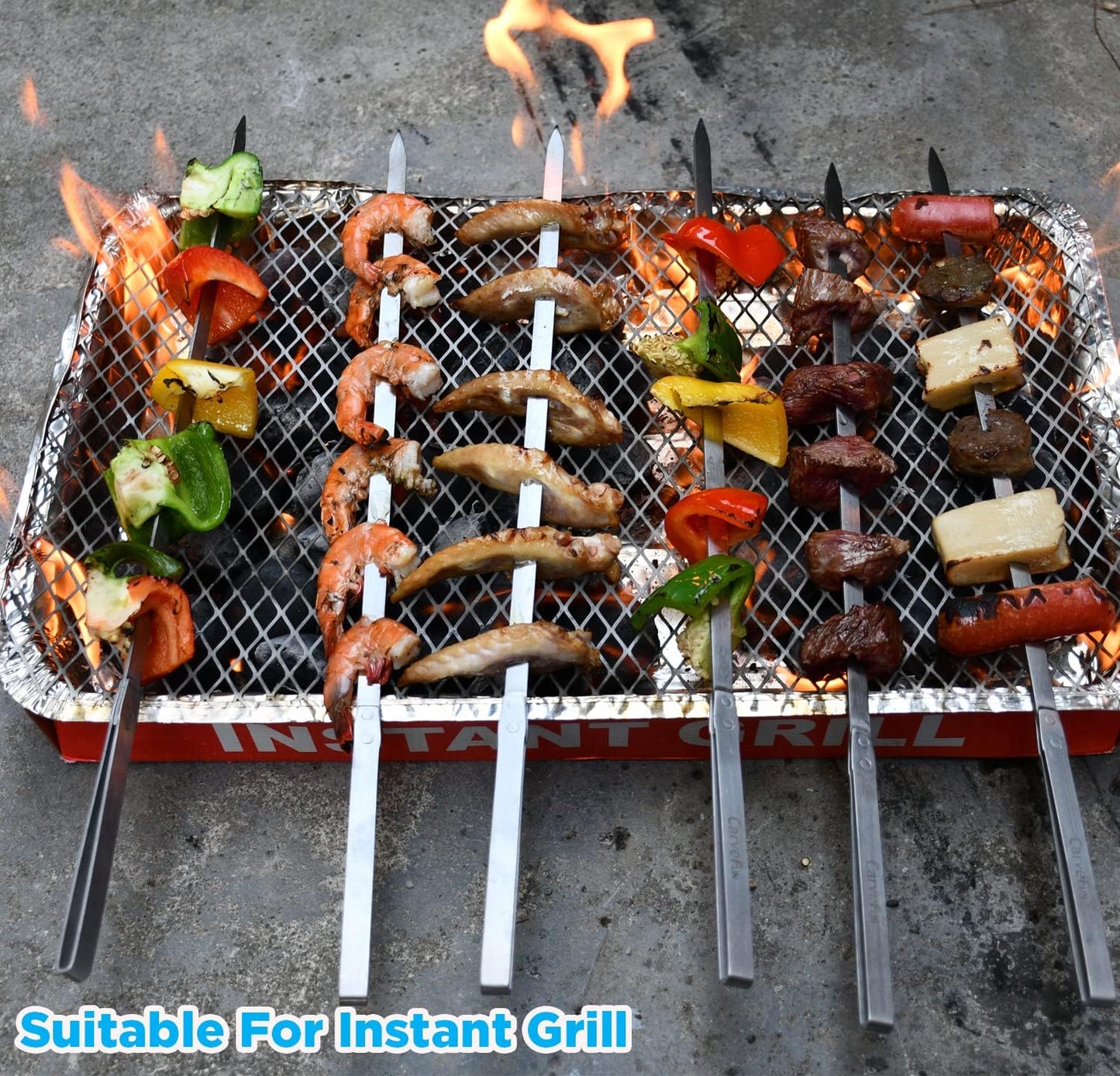 Innovative Thermal Insulation Handle BBQ Skewers Set - 6 Stainless Steel Wide BBQ Kebob Sticks For Grill - Flat Metal With 1 Food Remover Bar - 16.7' Inch Metal Kabob Skewers