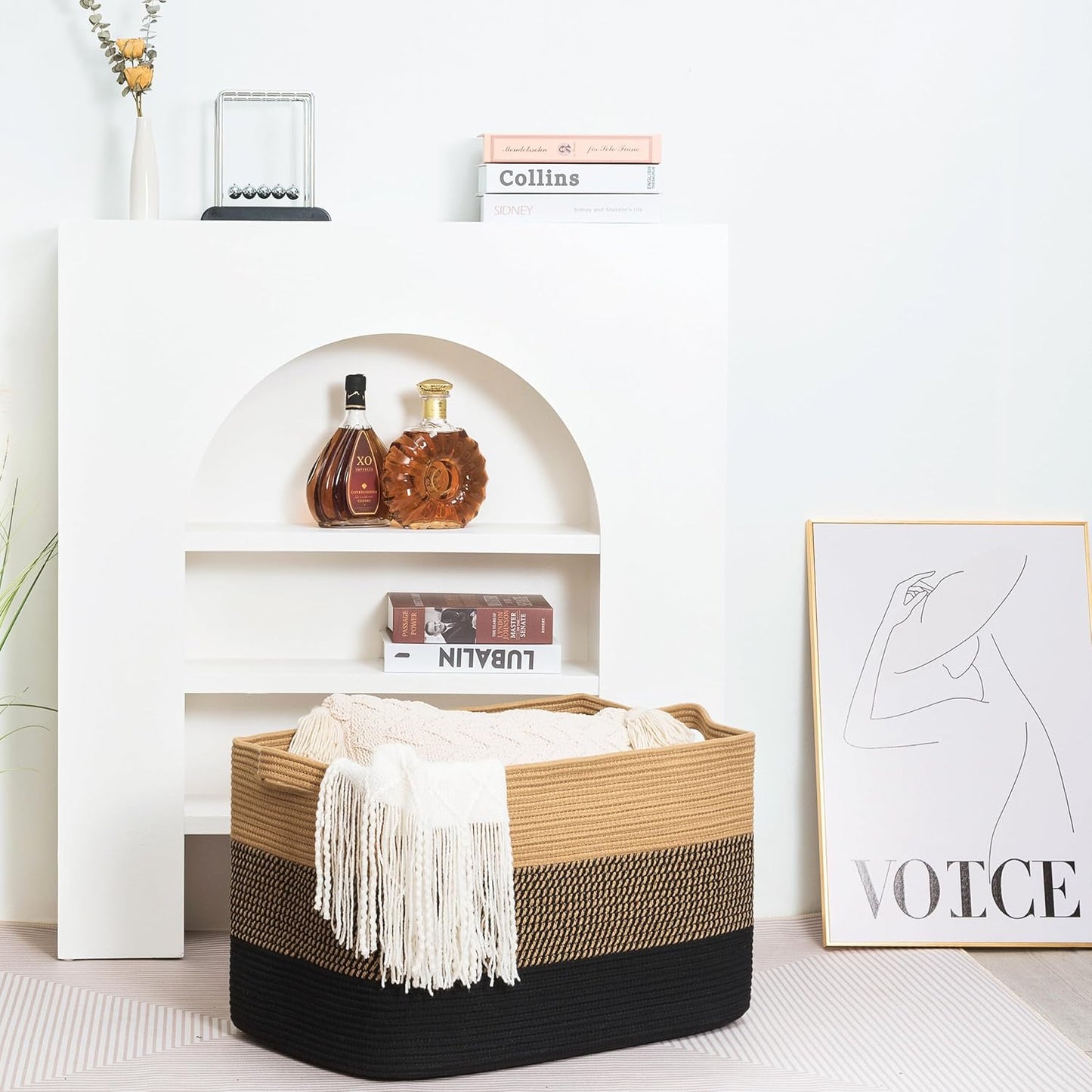 MINTWOOD Design 22in Extra Large Blanket Basket Holder for Living Room, Rectangle Rope Woven Storage Bin with Handles for Laundry, Pool Towels, and Shoes, Dog Toy Box Organizer, Black Jute