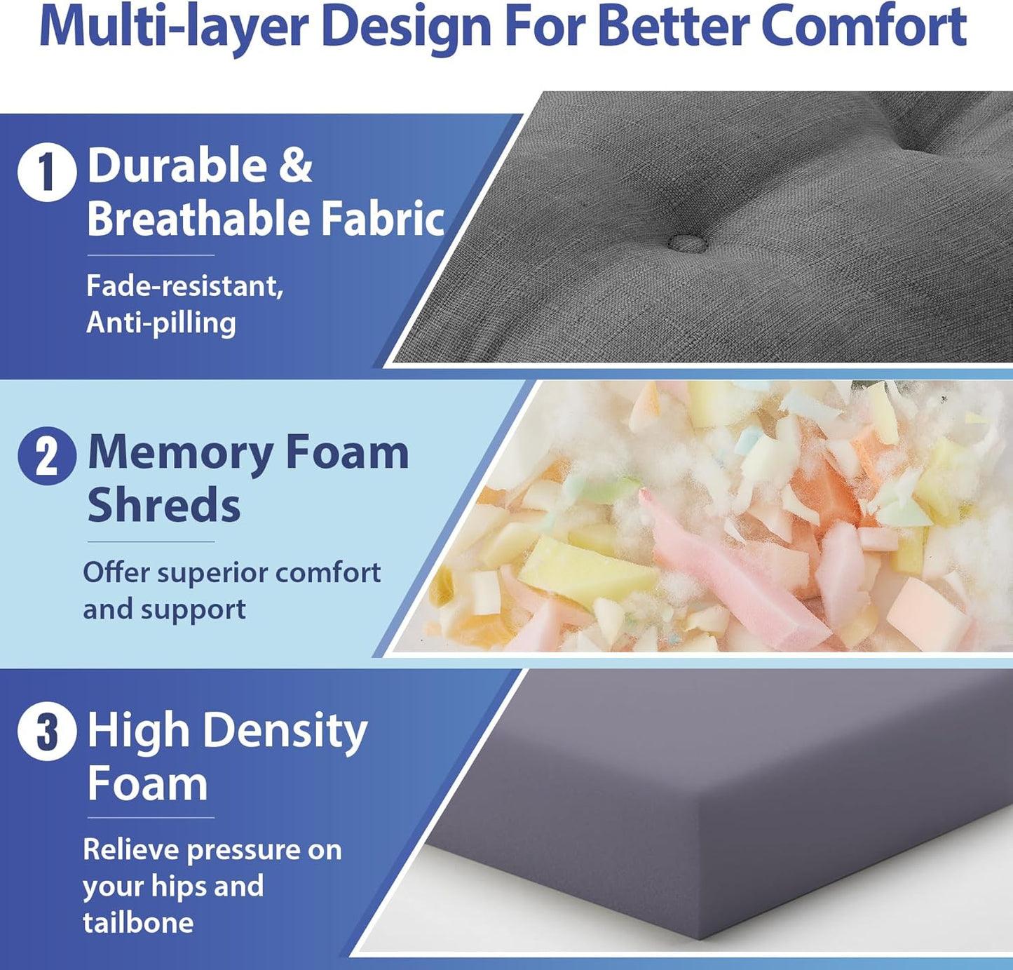 Chair Cushions for Dining Chairs, Dining Chair Cushions, Tufted Indoor Chair Pads with Ties & Non Slip Backing, Seat Cushions for Kitchen Chairs 16.5” x 16.5” x 3.5”, Set of 6, Grey