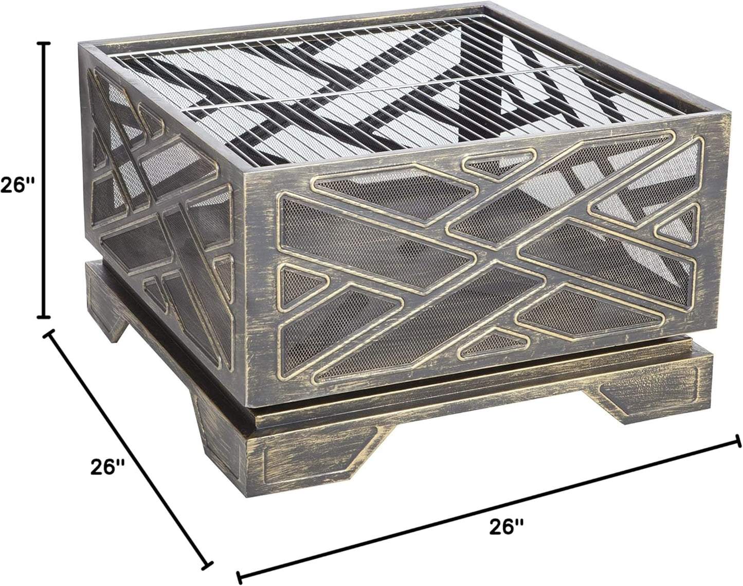 Fire Sense 62239 Fire Pit Catalano Wood Burning Lightweight Portable Outdoor Firepit Backyard Fireplace for Camping Bonfire Included Screen Lift Tool & Cooking Grate - Square - Antique Bronze Finish