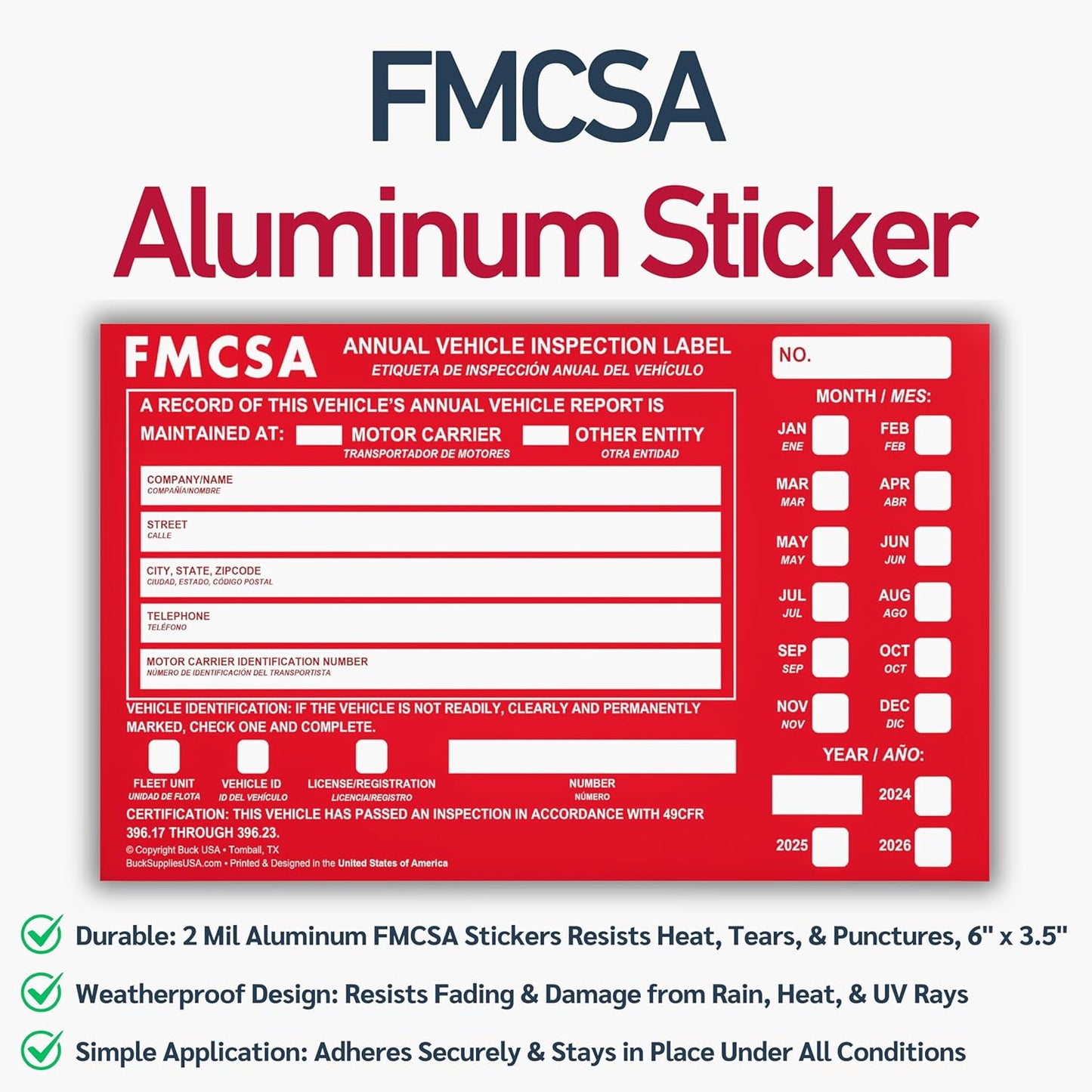 5 Pack 3-Ply Carbonless Annual Vehicle Inspection Report Forms with FMCSA Red Aluminum Adhesive Labels, DOT Inspection Forms and Stickers, Shrink-Wrapped, 8.5" x 11.75" - Made in USA