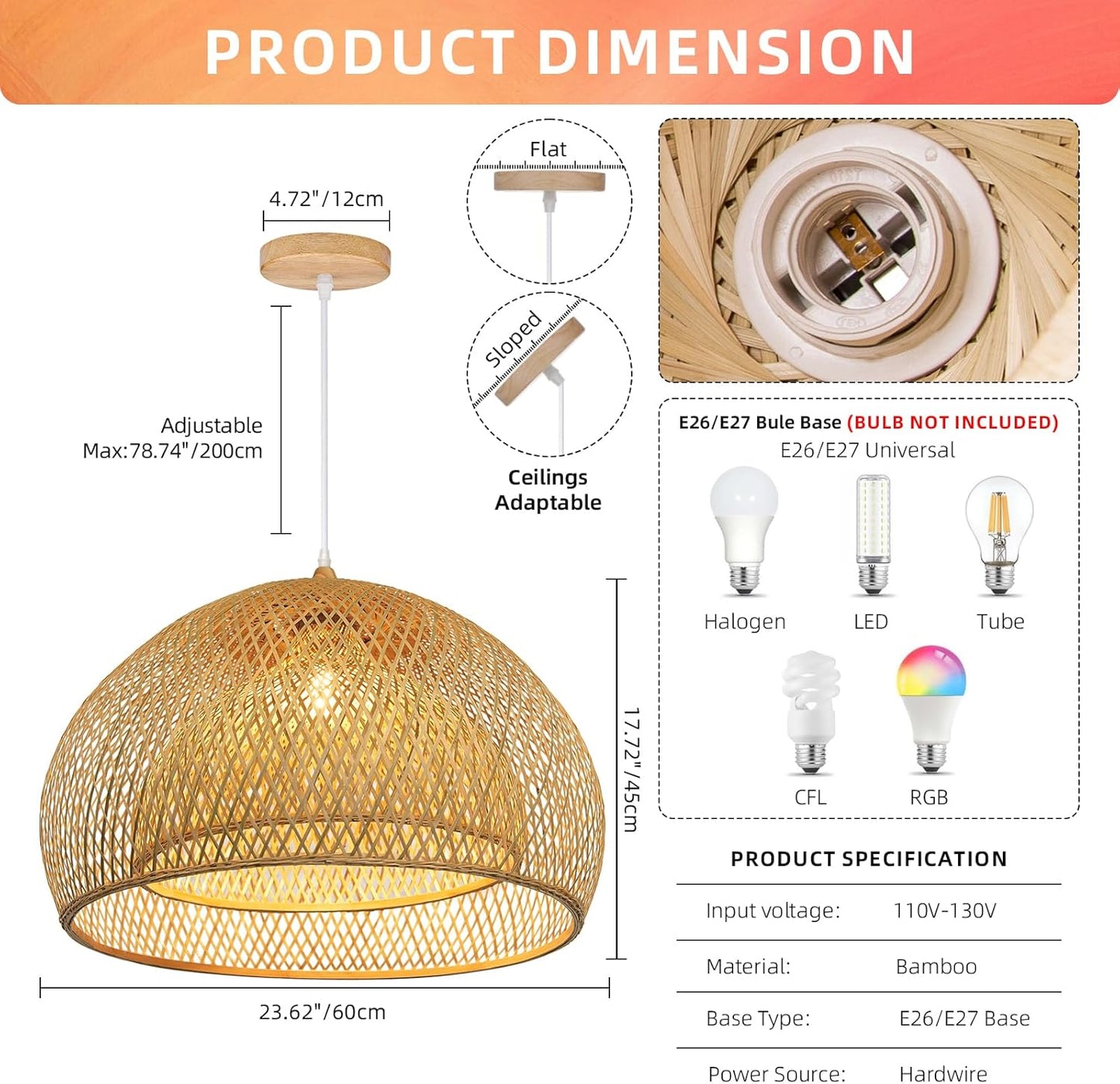 Arturesthome 23.6" Weaving Bamboo Pendant Light for Kitchen Island, Wicker Chandelier, Handmade Woven Hanging Ceiling Light Lampshade for Living Room Bedroom