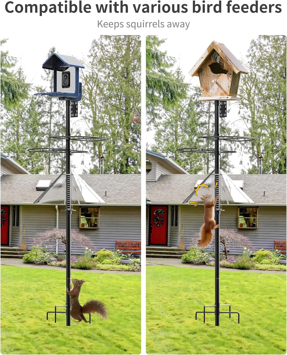 Bird Feeder Pole with Squirrel Baffle - 90 Inch Bird House Pole with Semicircular Hook for Outdoors, Squirrel Proof Baffle with Stainless Steel Spring for Better Defense, Slip-Fit Connection