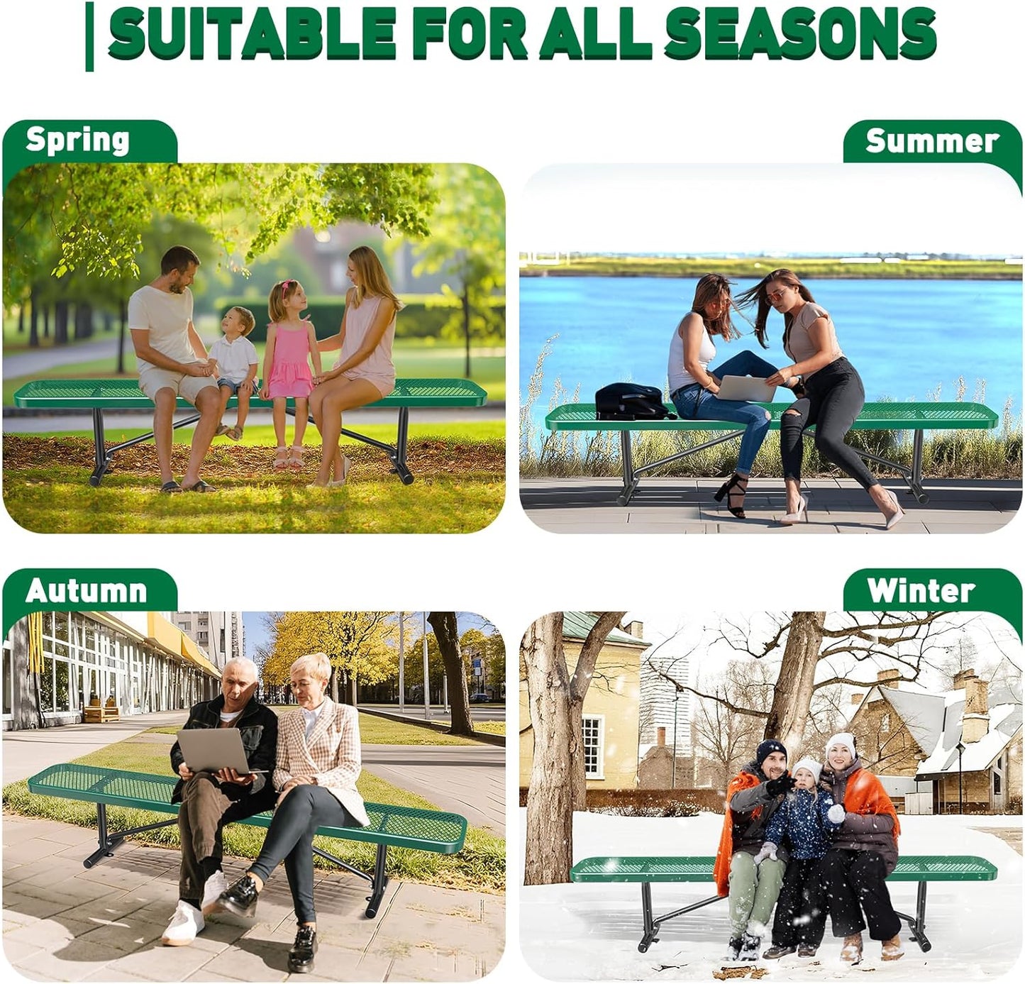 Heavy-Duty Park Bench or Table for Outside - Black Coated Outdoor Furniture Steel Bench, Commercial-Grade Outdoor Benches Weatherproof for Park, Patio, Porch (Green, 8FT (Without Backrest))