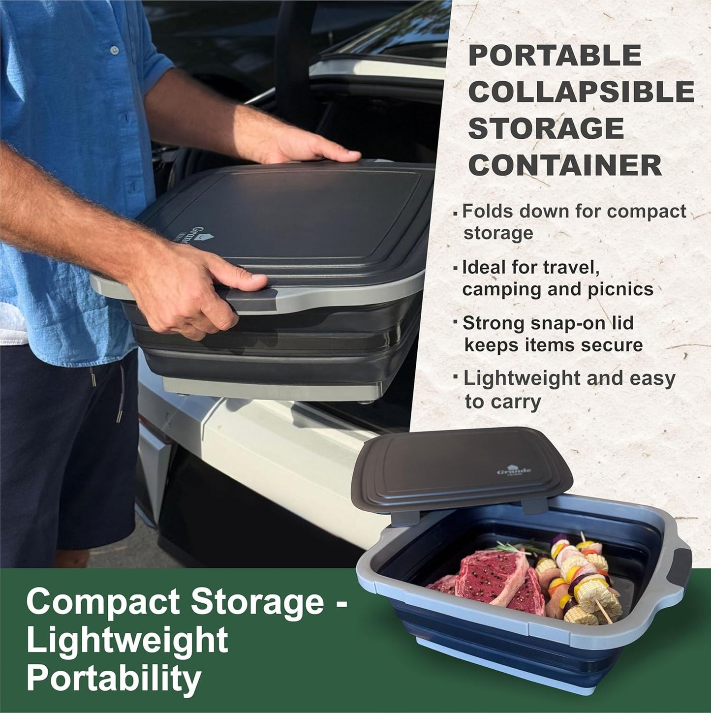 BBQ Prep Tub Collapsible X-Large with Cutting Board, Locking Lid – Meal Prep Food Prep Containers with Lids for Resting Meat –3 Adjustable Height - Ideal for Camping, Picnic, Dish Basin