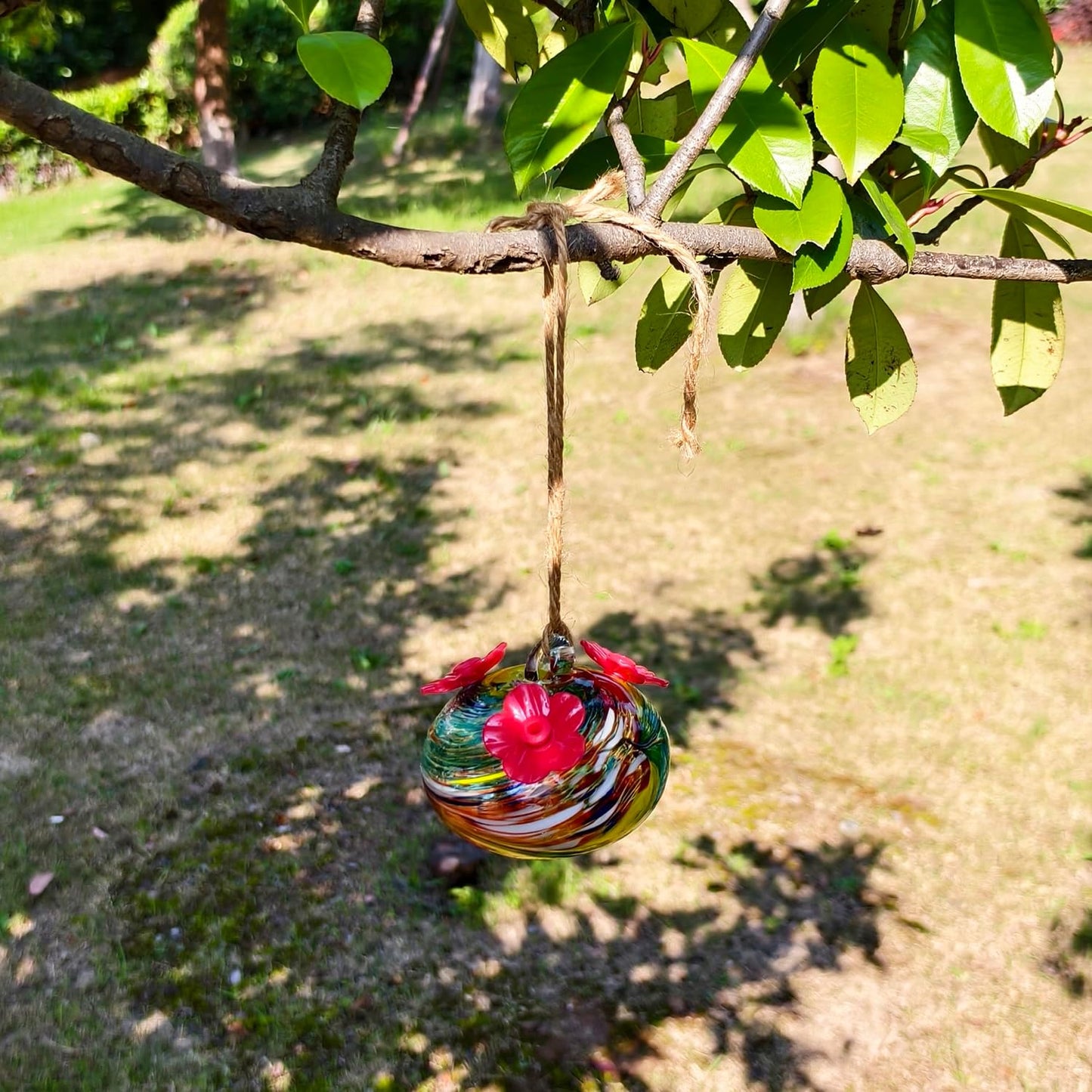 Small Glass Hummingbird Feeders for Outdoors Hanging - Hand Blown Glass Ball Nectar Feeding, Multi Color with 3 Flowers Feeding Ports, Decor for Garden/Backyard Outside