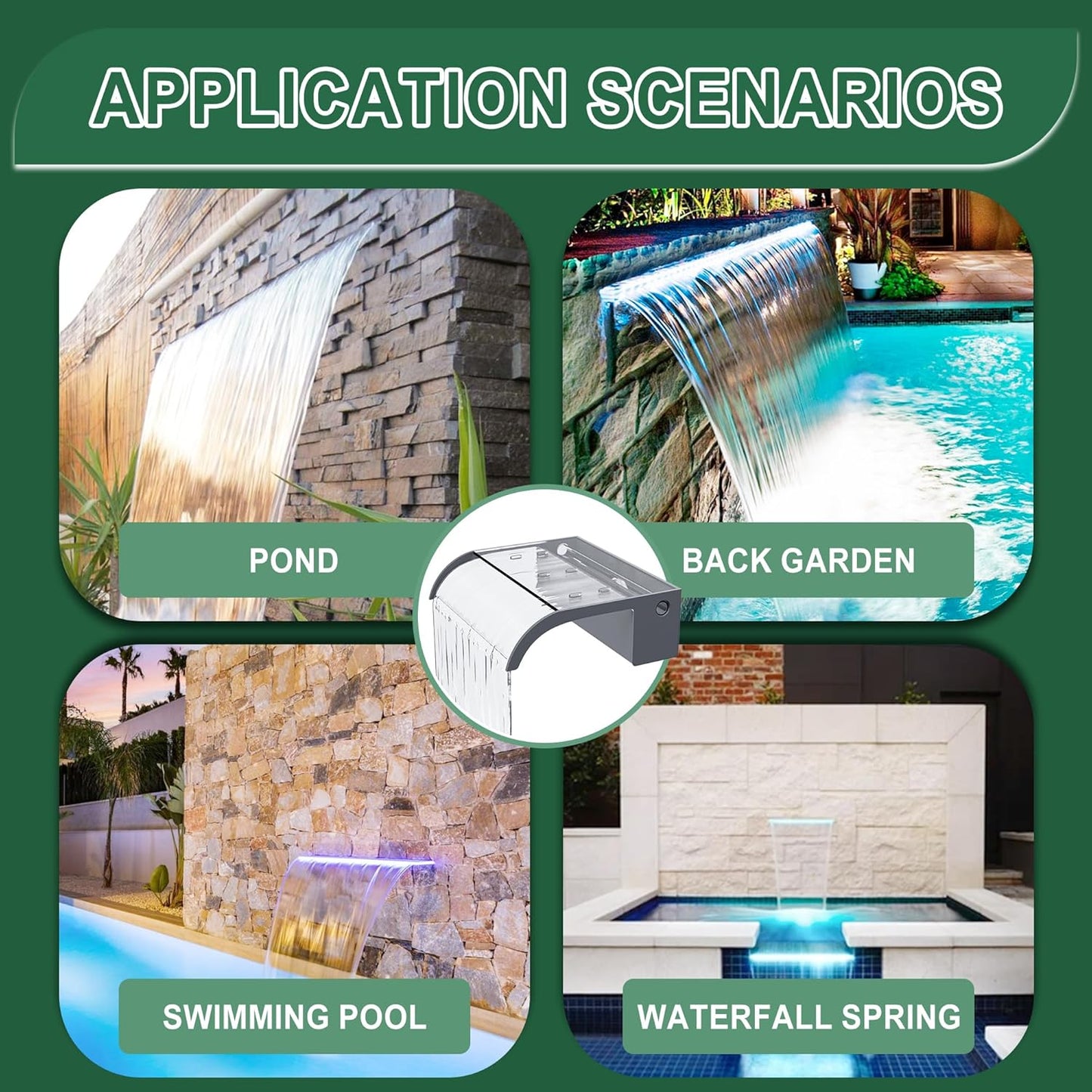 Waterfall Spillway, Clear Acrylic Pool Fountain w/Top Open Lip & Pipe Connector Kits for Outdoor/Indoor Decorative, 11.8'' Pool Water Feature for Garden Patio, Backyard Koi Pond Decor