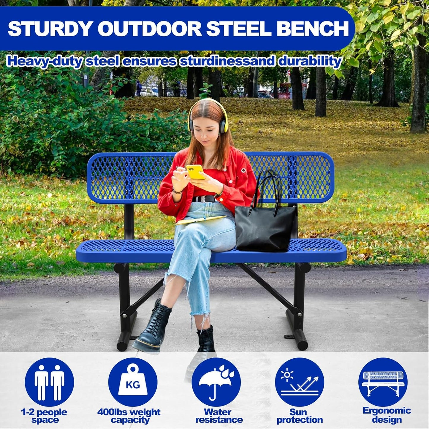 Heavy Duty Park Bench with Back Portable Frame, Outdoor Metal Park Bench with Backrest, Steel Mesh Outdoor Bench for Garden, Lawn, Patio, Porch, Park, Yard (Blue, 48" D x 23.2" W x 32.5" H)