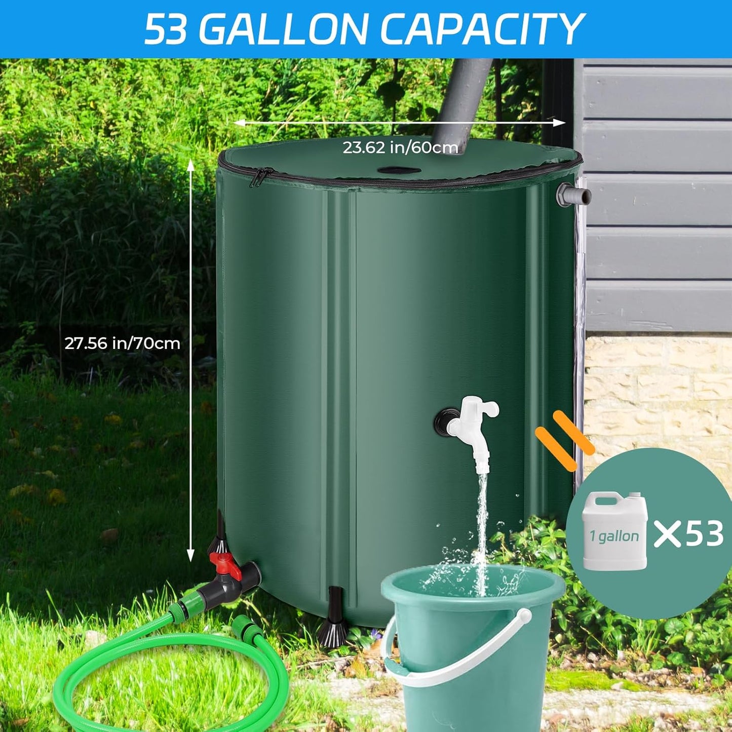 Rain Barrels to Collect Rainwater from Gutter - Portable Water Storage Tank Water Barrel Rainwater Collection System Rain Catcher Include Filter Two Spigots and Overflow Kit (53 Gallon,Green)