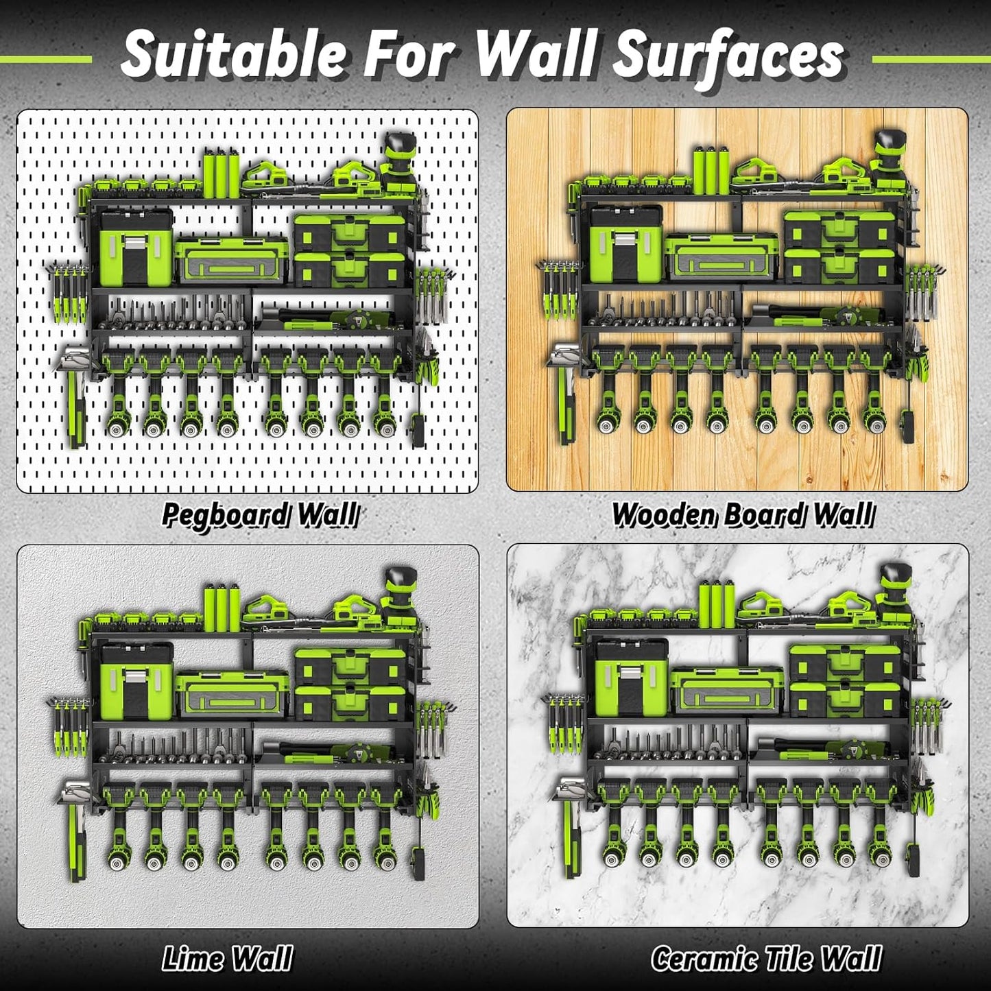 Power Tool Organizer Wall Mount,Heavy Duty Metal 4 Layer 8 Slots Drill Holder,Garage Cordless Storage Rack with Screwdriver Plier Hammer Holder for Workshop Carport Basement