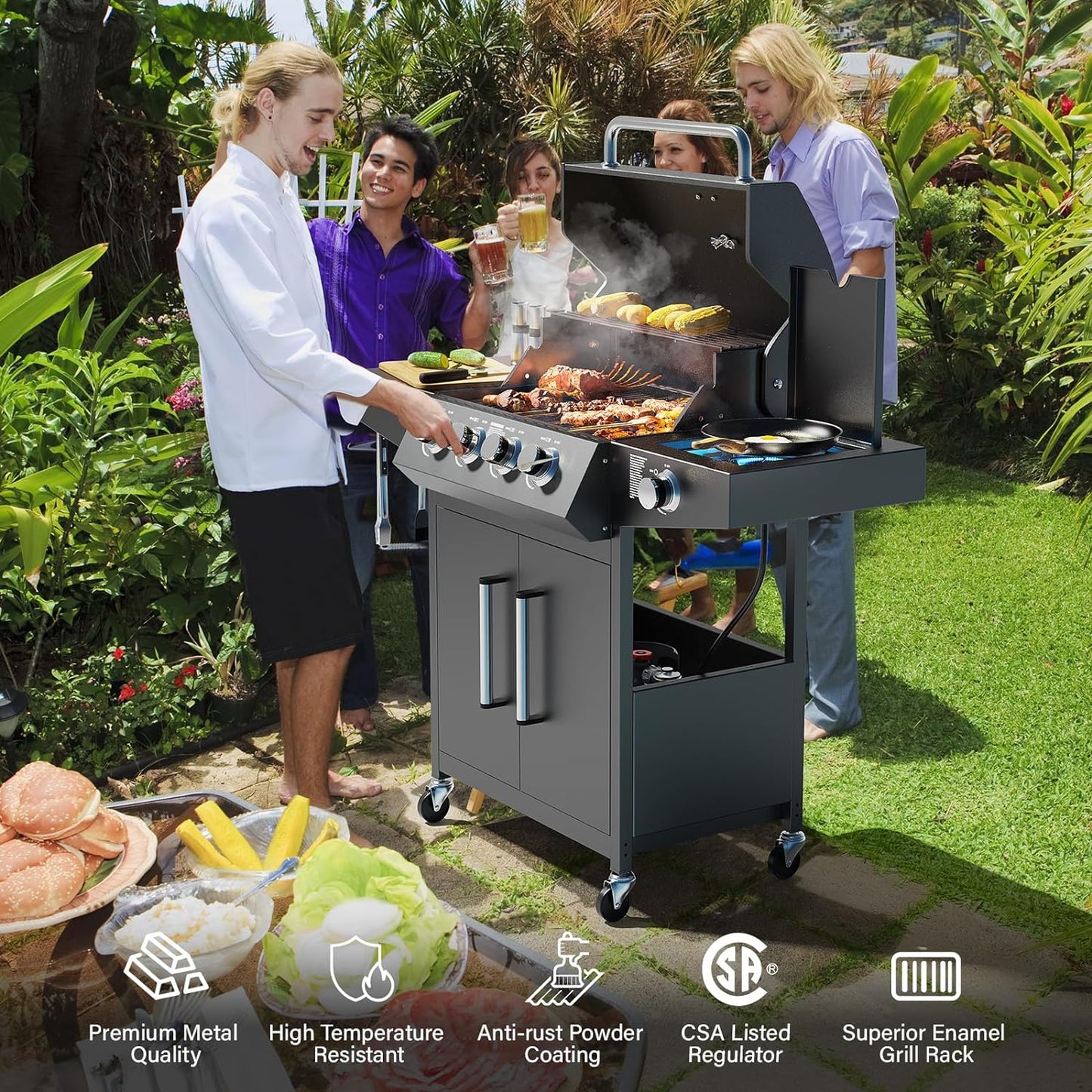 ROVSUN 4 Burner Propane Gas Grill with Side Burner, 58,000BTU BBQ Grills with Enameled Cast Iron Grates, Shelf & Cabinet for Outdoor Garden Patio Backyard Barbecue Cooking