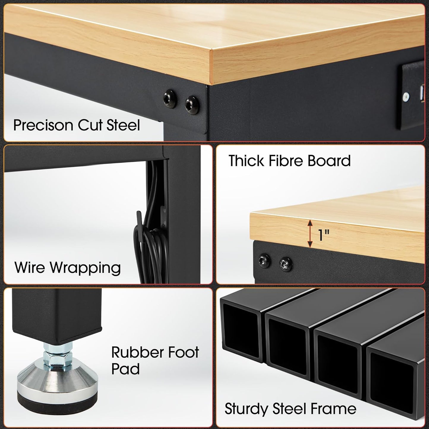 60” Adjustable Workbench,Heavy Duty Wood Work Bench 2000 Lbs Load Capacity,Work Table with Power Outlet for Garage, Workshop, Office, Home