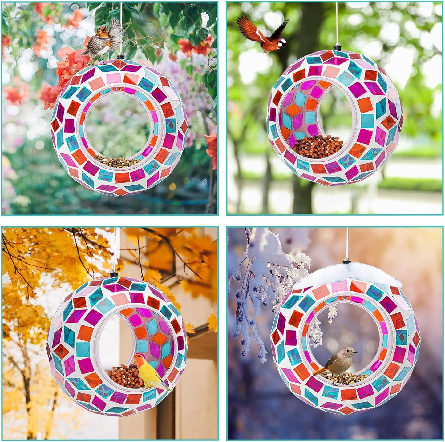 Yinns Glass Bird Feeders Outside, Hanging Mosaic Bird Feeder, Round Shape Fly Through Container Wild Birdfeeder for Garden, Backyard Decor