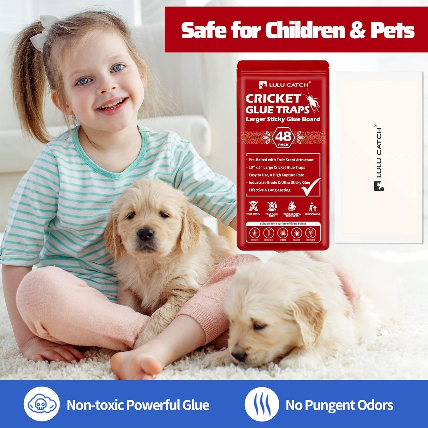 LULUCATCH Cricket Insect Glue Traps - 48 Pack Bug Sticky Traps, Large & Adhesive Spider Scorpion Trap with Pre-Baited Attractant, Highly Effective Glue Boards Indoor, Non-Toxic, Pet Safe Pest Control