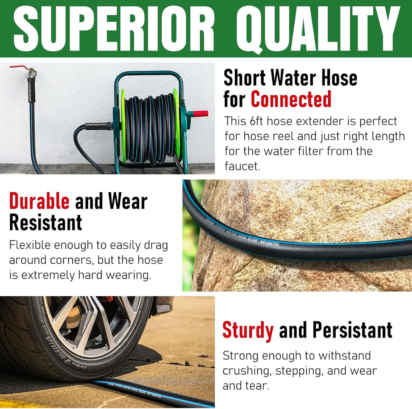 Heavy Duty Garden Hose 6ft, NON-EXPANDABLE Flexible Water Hose, Kink Resistant Lightweight Hybrid Hose, Leakproof Hose Male to Female Fittings
