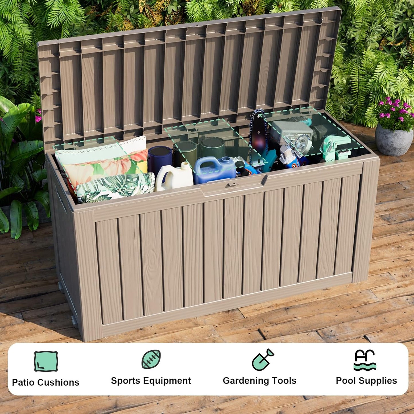 75 Gallon Waterproof Outdoor Storage Box,Resin Deck Box,Lockable Outside Storage Box Container for Patio Furniure,Garden,Pool Tools (75 Gallon,Grey)