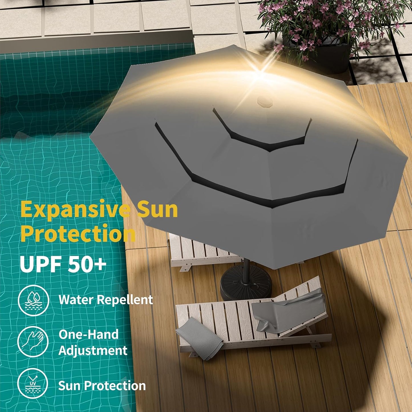 Kingdura 10ft 3-Tier Patio Umbrella, Outdoor Table Umbrella with Easy Crank & Tilt, 8 Reinforced Ribs, UV Protection for Deck, Pool, Market, Backyard (Grey)