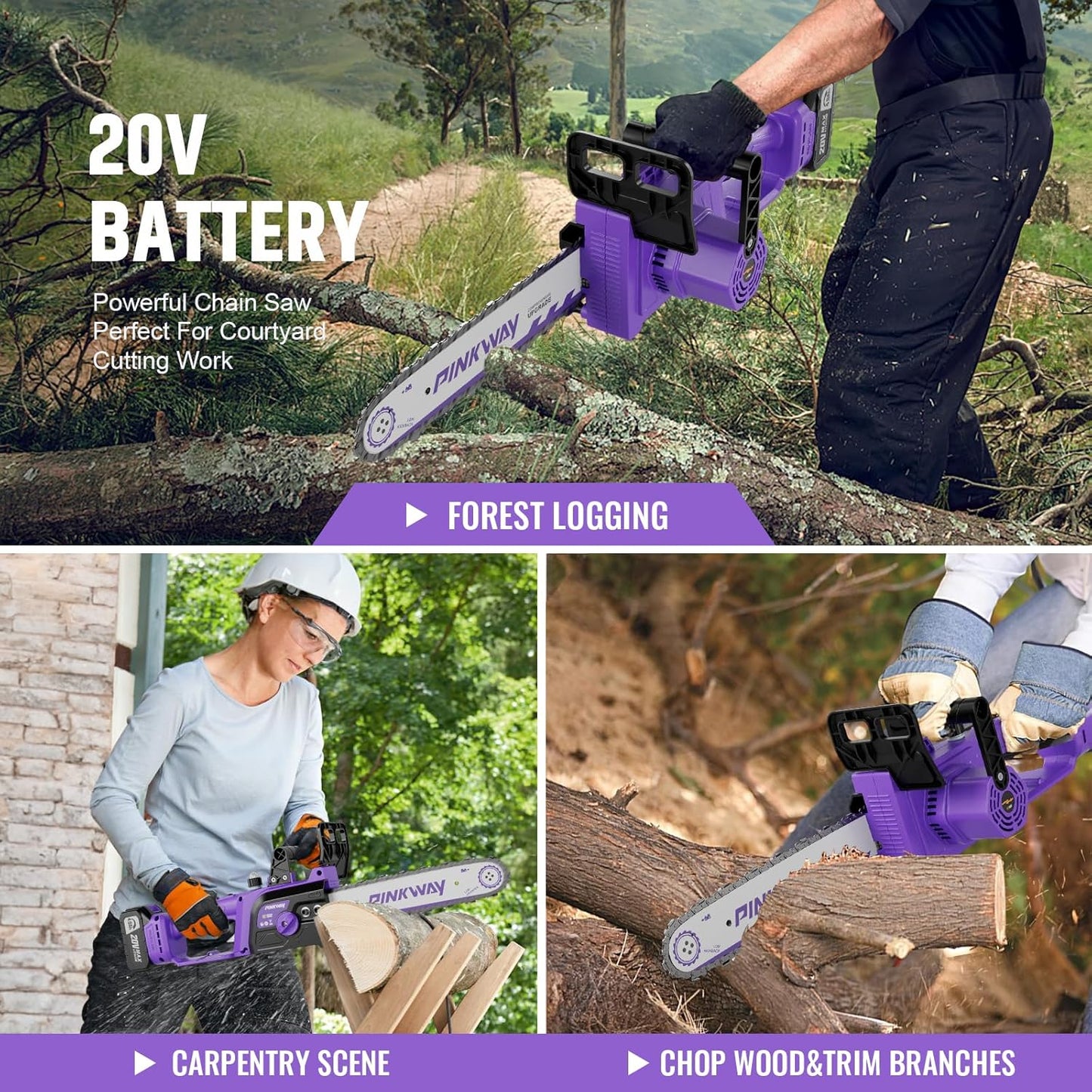 Brushless 12-Inch Electric Chainsaw Cordless,20V Battery Power Chain Saw with 4.0Ah Battery and Charger, Mini Chainsaw Cordless Portable Compact Saw Handheld for Wood Cutting,Purple