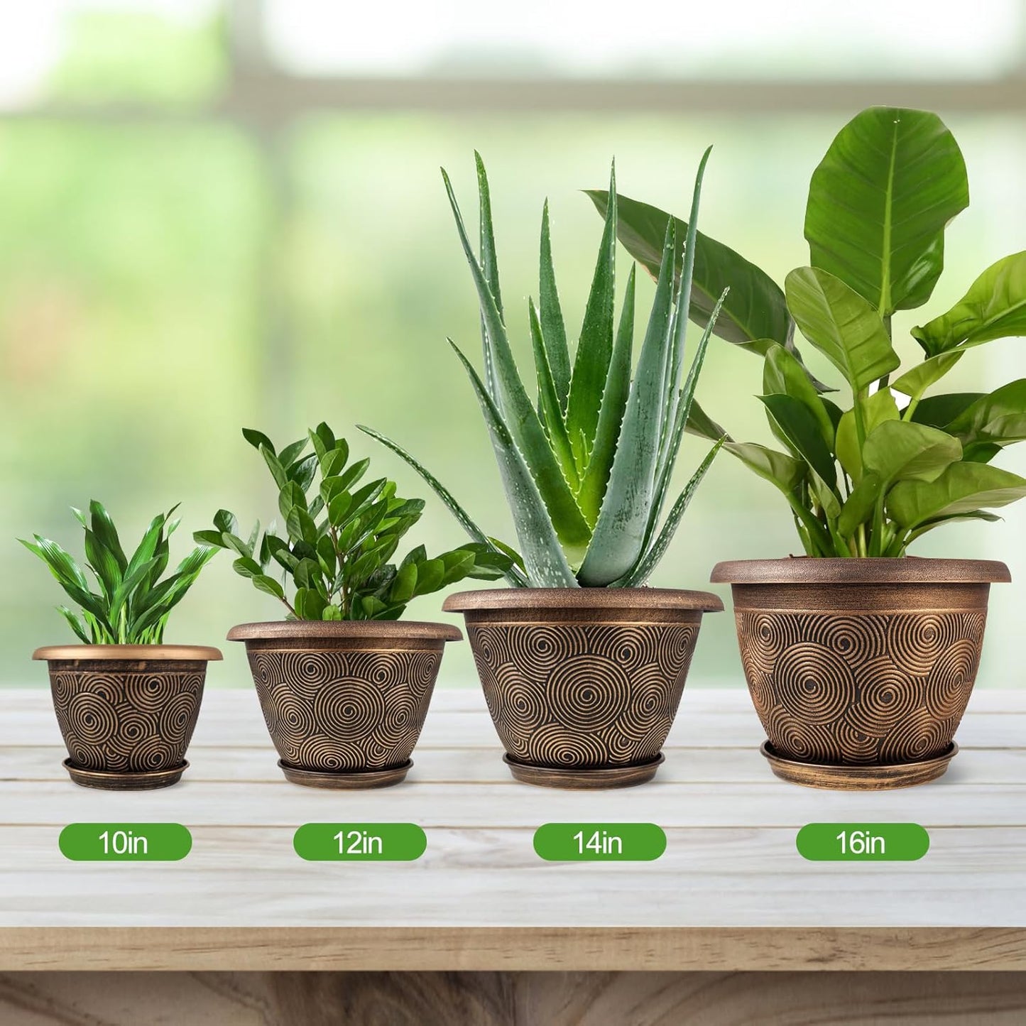 10 Inch Flower Pots Planters for Indoor Outdoor Plants, 3 Pack Plastic Large Plant Pots with Drainage Hole & Tray, Modern Decorative Garden Pot with Saucer, Plant Container for House