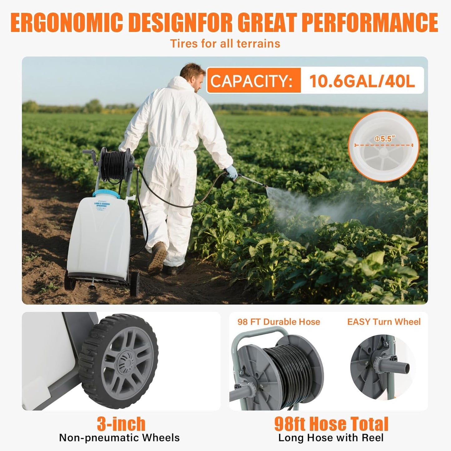 10.6 Gallon Battery Powered Sprayer with Wheeled Cart, 0-90PSI, 12V 8Ah Battery 5-6h Spray Time,98FT Hose with Reel,Adjustable HD Wand and 10 Nozzles for Weeding, Spraying, Cleaning