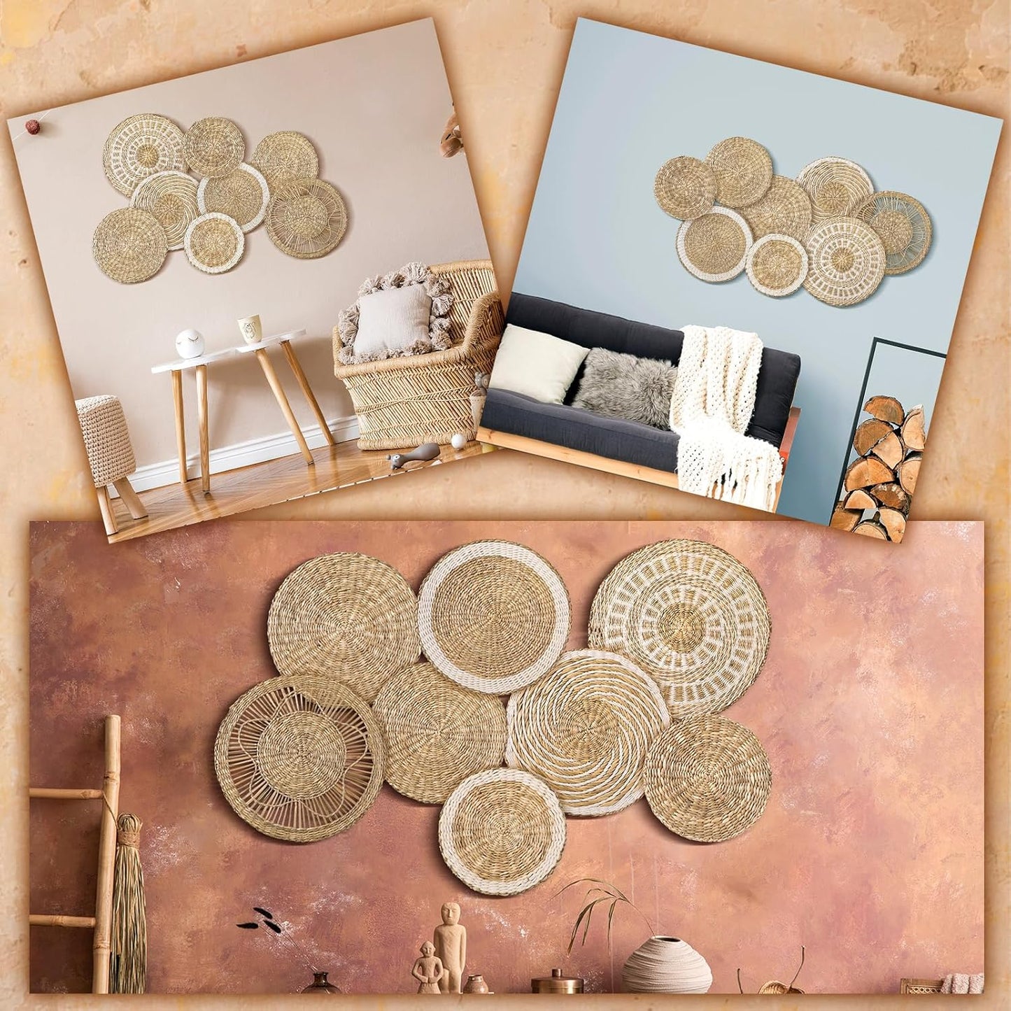 Xuhal Set of 8 Hanging Woven Wall Basket Handmade Decorative Rustic Boho Basket Decor Handcrafted Wicker Round Seagrass Wall Art for Home Kitchen Farmhouse Table Living Room