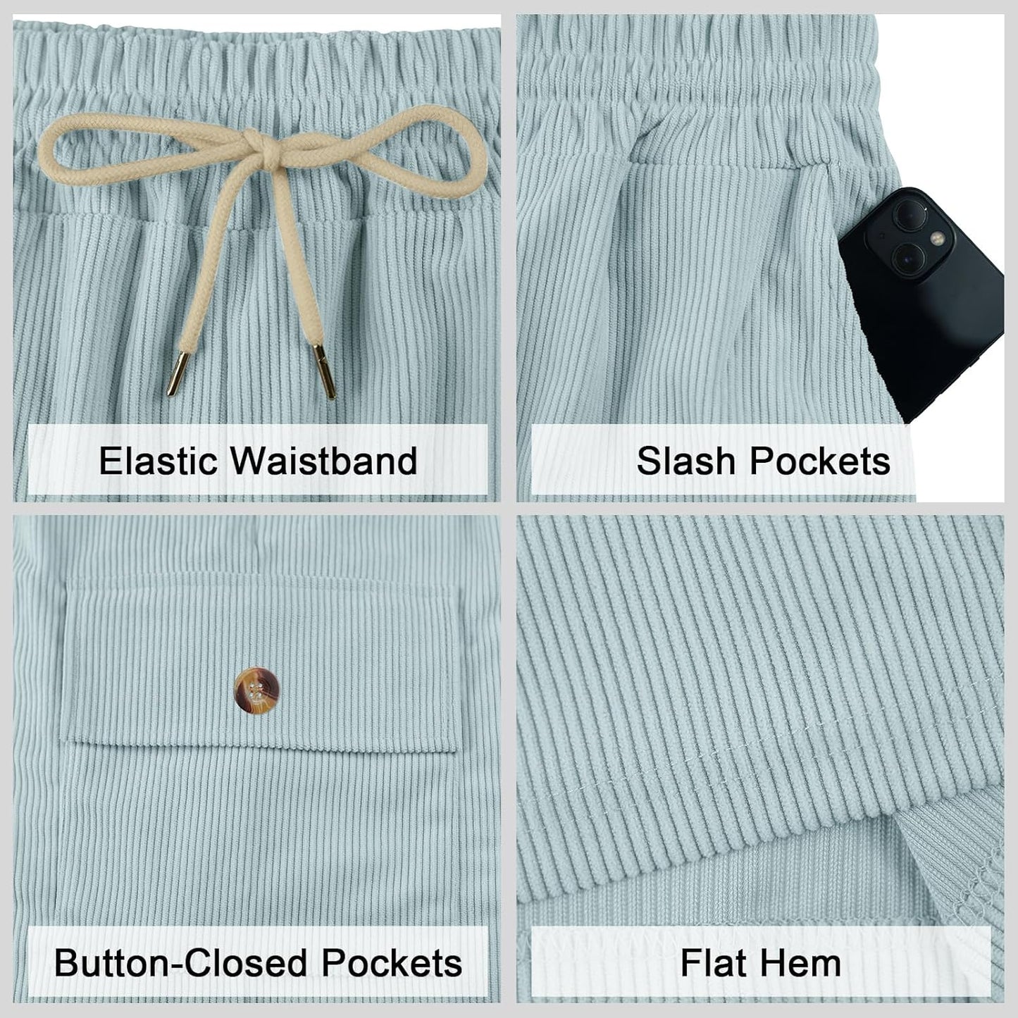 Mens Cargo Shorts Casual Drawstring Elastic Waist Corduroy Summer Beach Shorts with Pockets