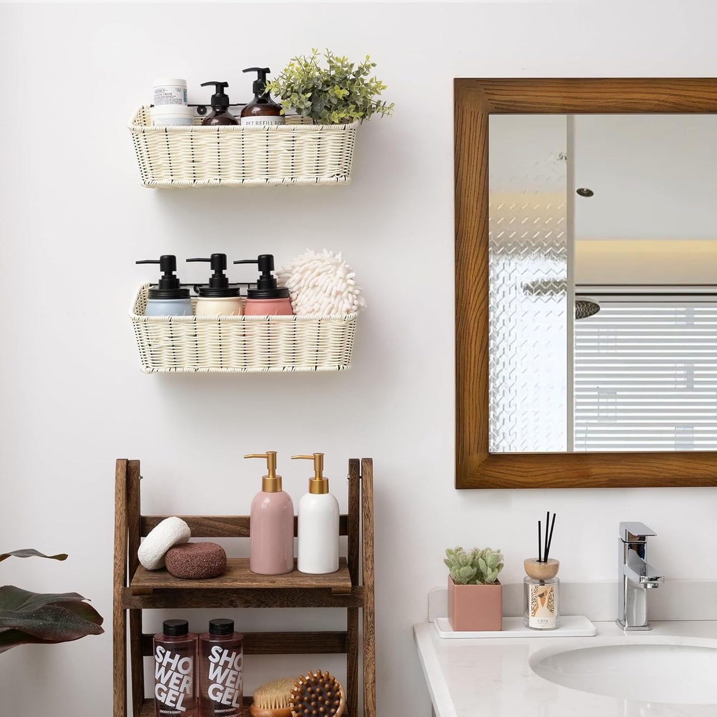 GRANNY SAYS Wicker Hanging Basket, 2 Pack Storage Baskets for Organizing, Adhesive Wall Mount Fruit Basket, Kitchen Organization Hanging Shelves, Storage Cabinet Door Organizer, Off White