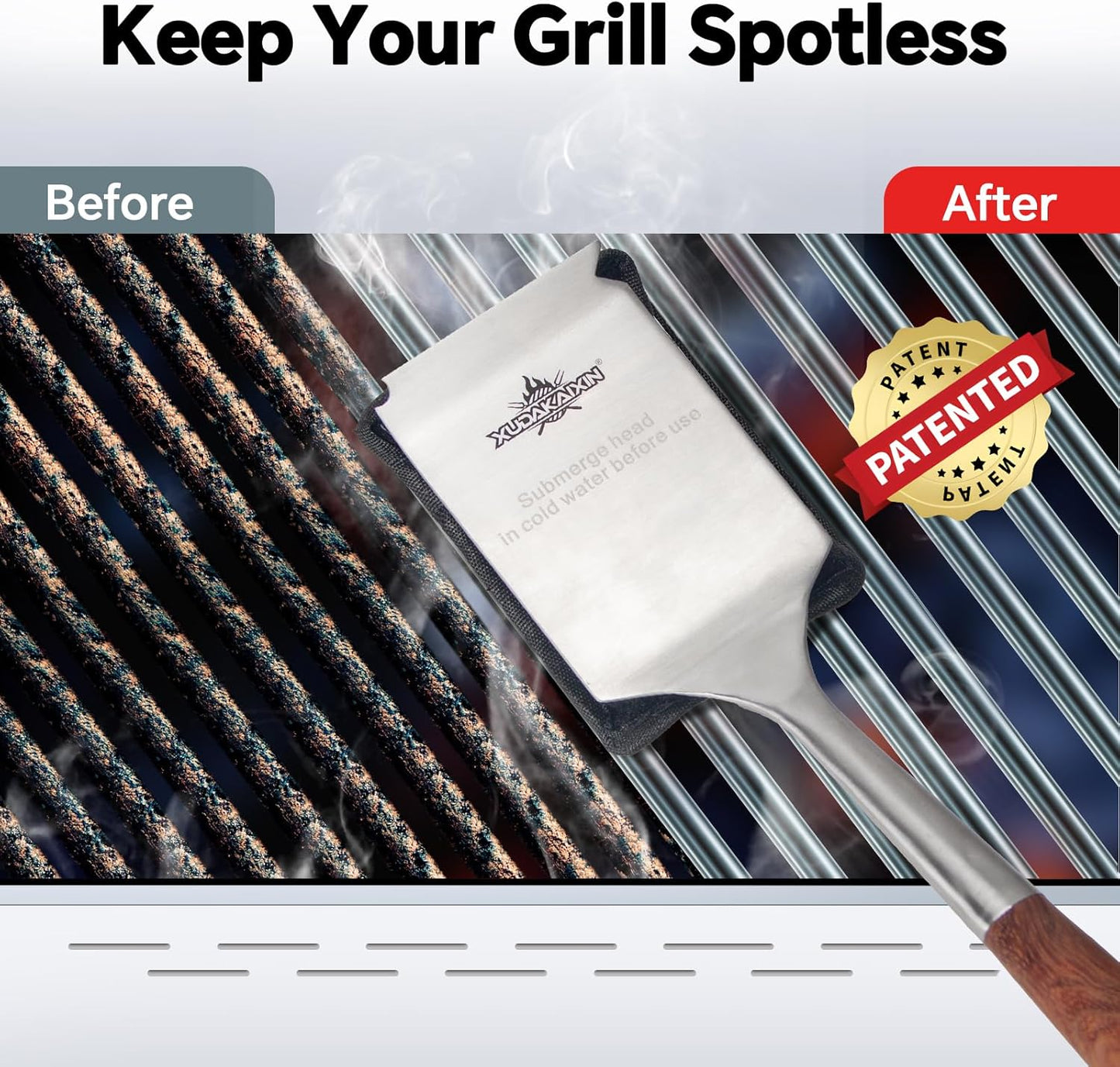Bristle-Free Steam Cleaning Grill Brush,with Extended Luxurious Rosewood Handle and 1 Replacement Head,BBQ Grill Cleaning Brush Kit,Safe Grill Cleaner for Outdoor Grill,Gifts for Men/Dad
