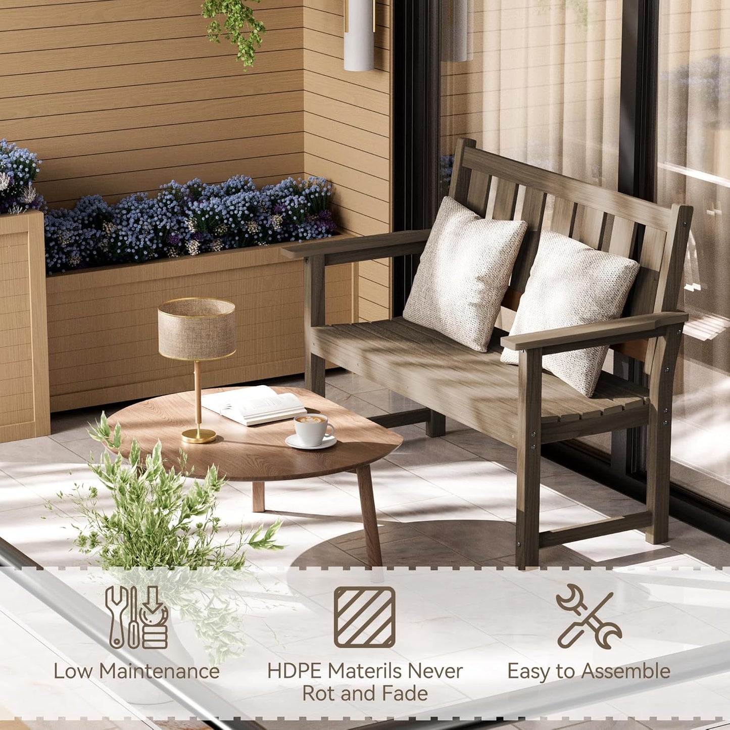 HDPE Memorial Bench – 50'' Weatherproof Durable Outdoor Bench, 2-Person Park Bench, Easy to Move, Multi-Purpose Design Ideal for Porch, Patio, Church, and School (Light Brown)