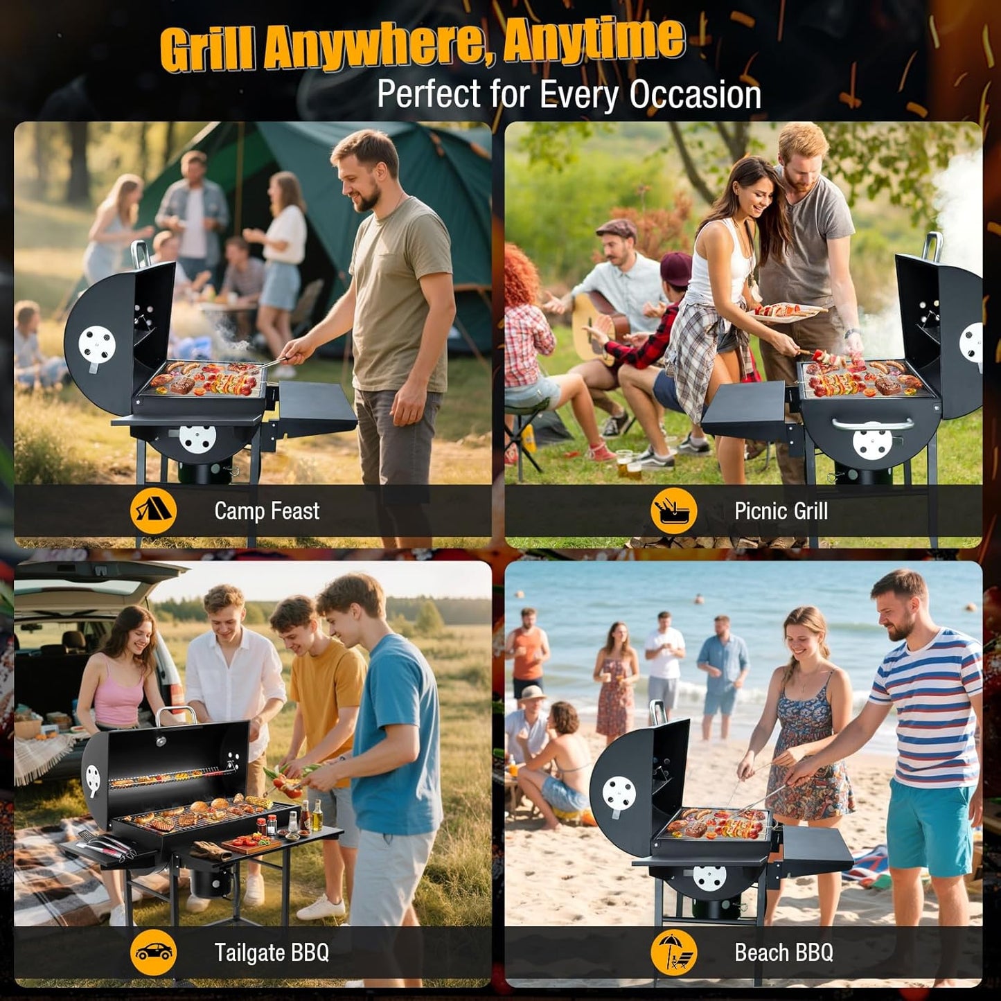Charcoal BBQ Grills Outdoor: Spacious Barrel Barbecue Grill with Side Front Table - Premium BBQ Smoker Combo for Backyard Cooking Patio Grilling Tailgating Party Camping Picnic
