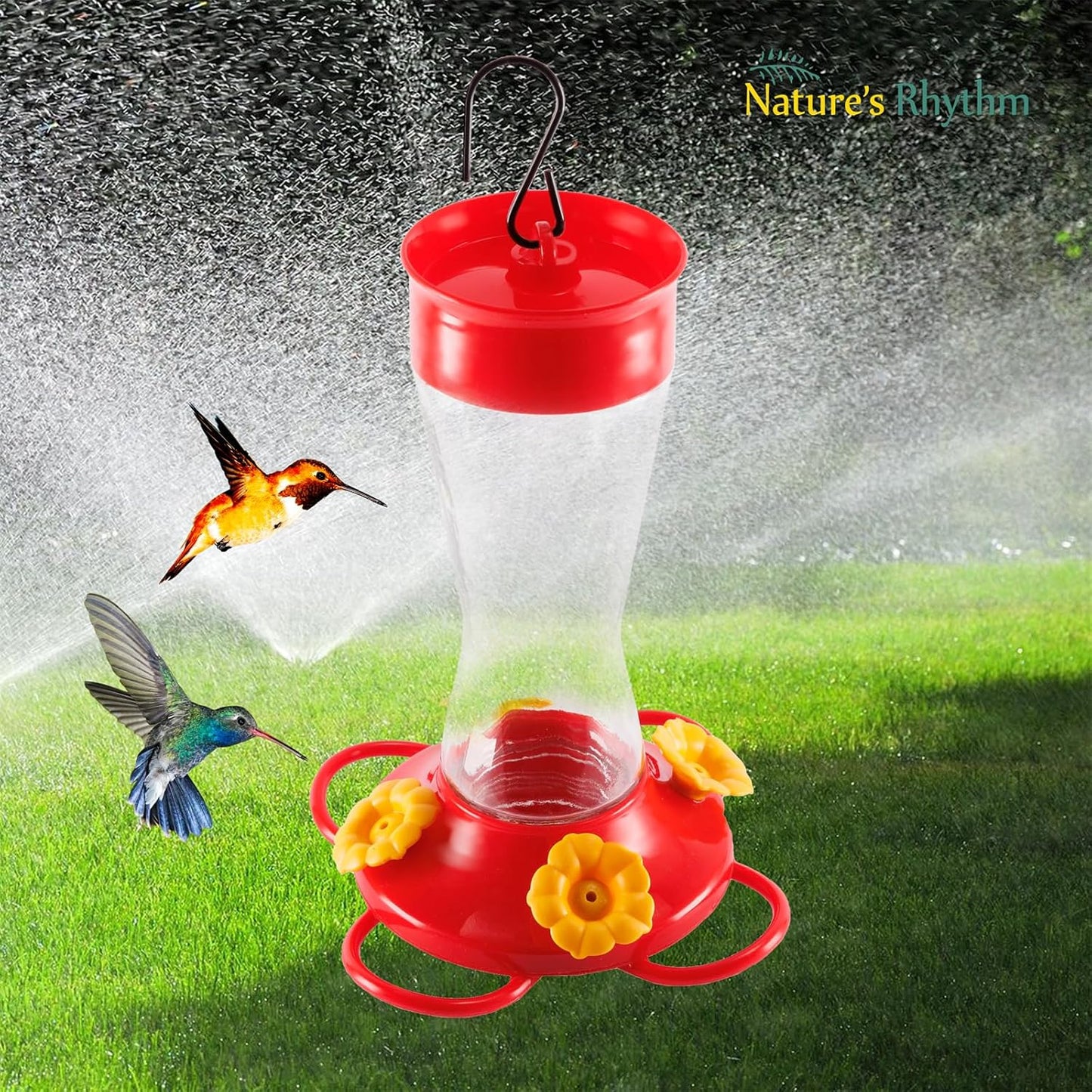Nature's Rhythm Bird Feeder 4 bee Guard Plastic Yellow Flowers Feeding Port 8oz Glass Pinch Waist Hummingbird Feeder (2Pcs)