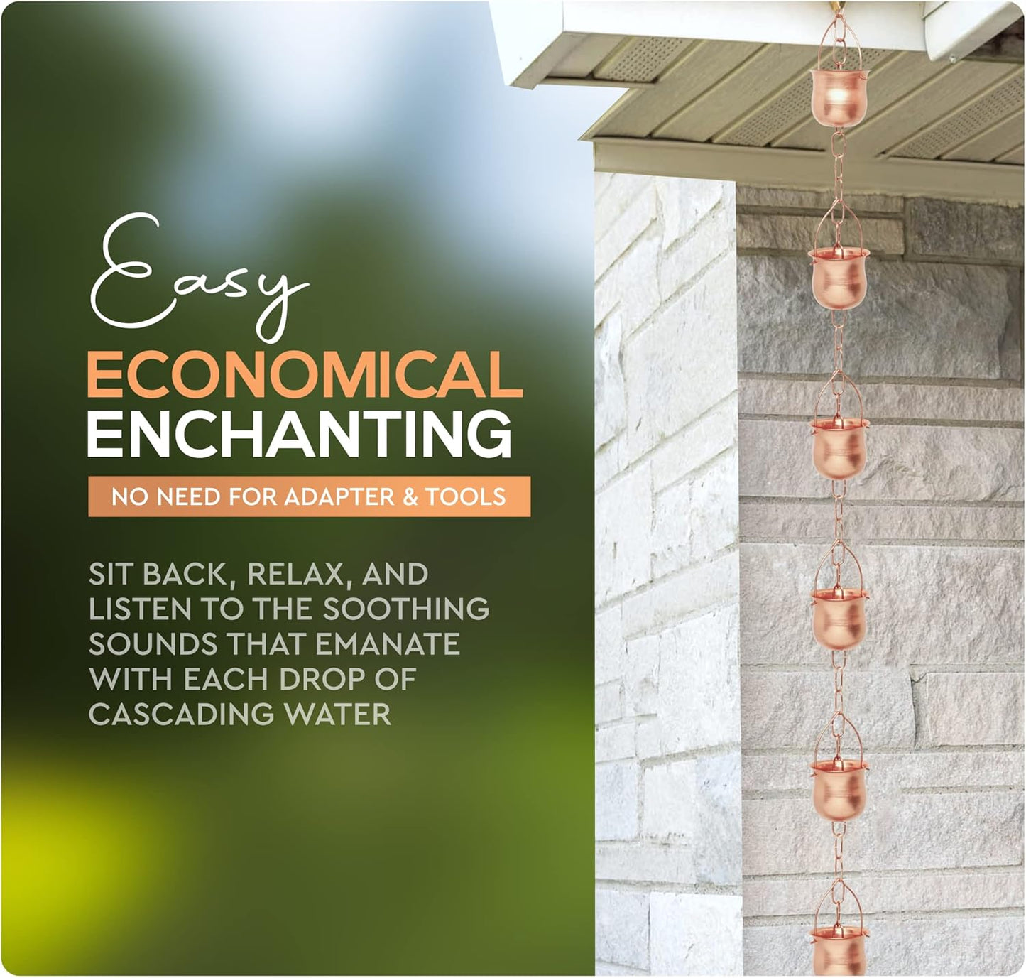 Copper Rain Chain – Decorative Chimes & Cups Replace Gutter Downspout & Divert Water Away from Home for Stunning Fountain Display – 6.5’ Long for Universal Fit – Pot Style