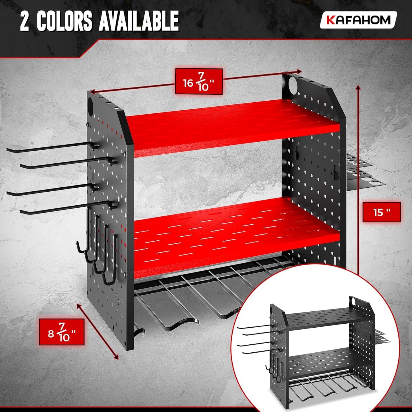 KAFAHOM Power Tool Organizer for Tool Storage, Drill Holder Wall Mount With 2 Side Pegboards, Metal Tool Shelf with 12 Hooks, Tool Organizers Storage Rack, Utility Cordless Drill Rack Red
