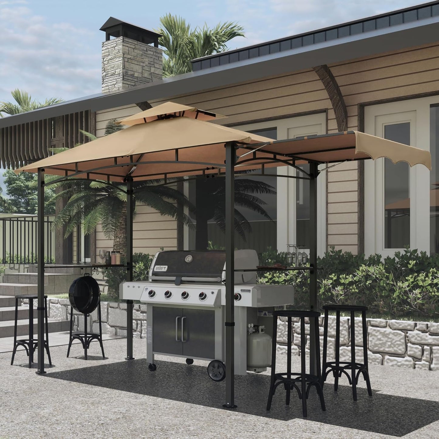 MASTERCANOPY 11 x 5 Grill Gazebo with Extra Side Awning Outdoor BBQ Gazebo with 2 LED Lights for Patio Party Backyard Picnic(Khaki)