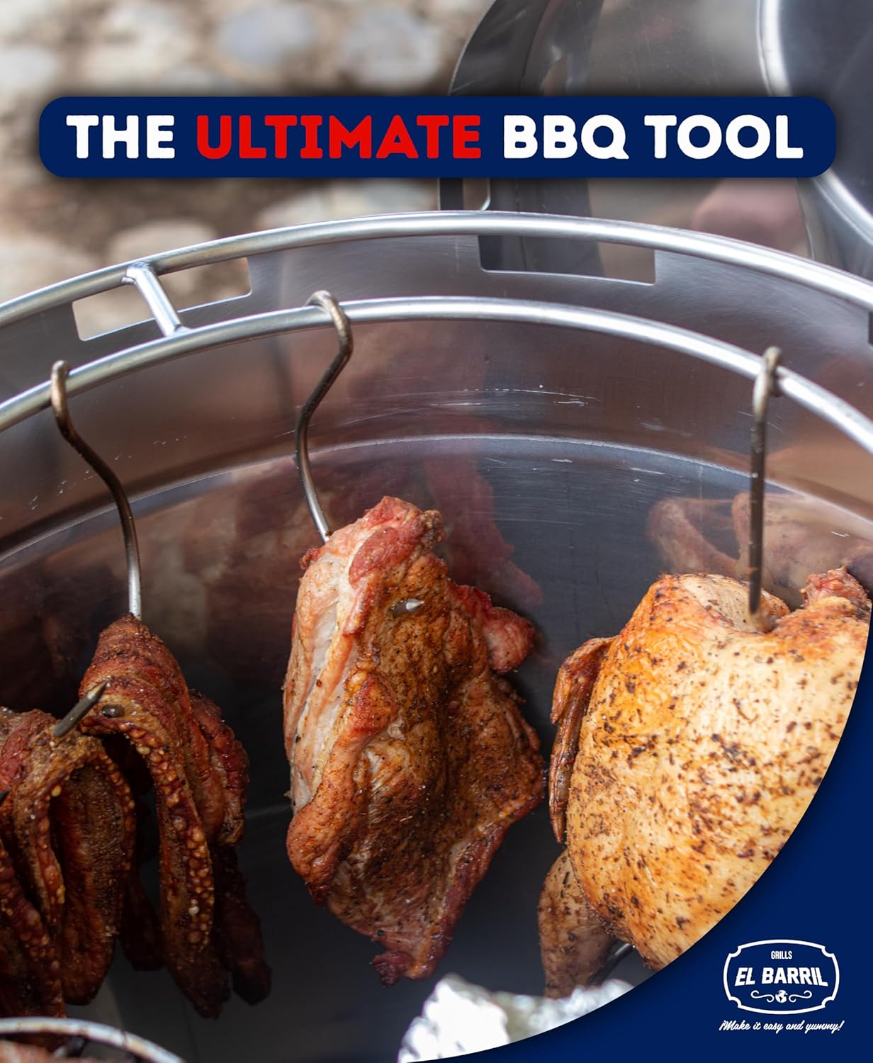 El Barril Lite Medium Barrel Smoker Grill, Stainless Steel 430, 30 lb Capacity, 12 Meat Hooks, Upper Grill and Handler, Portable Charcoal BBQ (Lite 30LBS Medium)