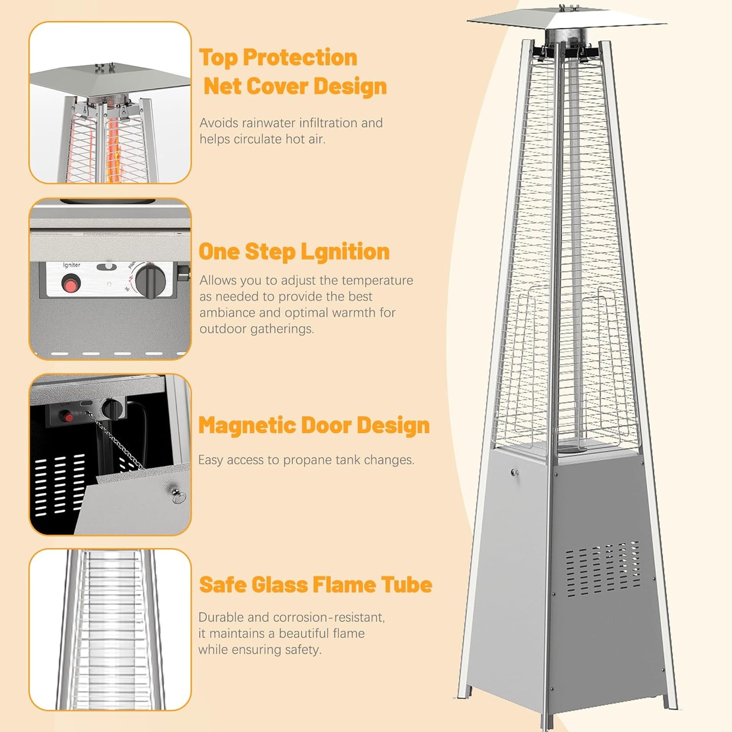 FOOWIN Propane Patio Heater, 48,000 BTU Outdoor Patio Heater with Wheels/Waterproof Cover & Gloves,Silver Grey