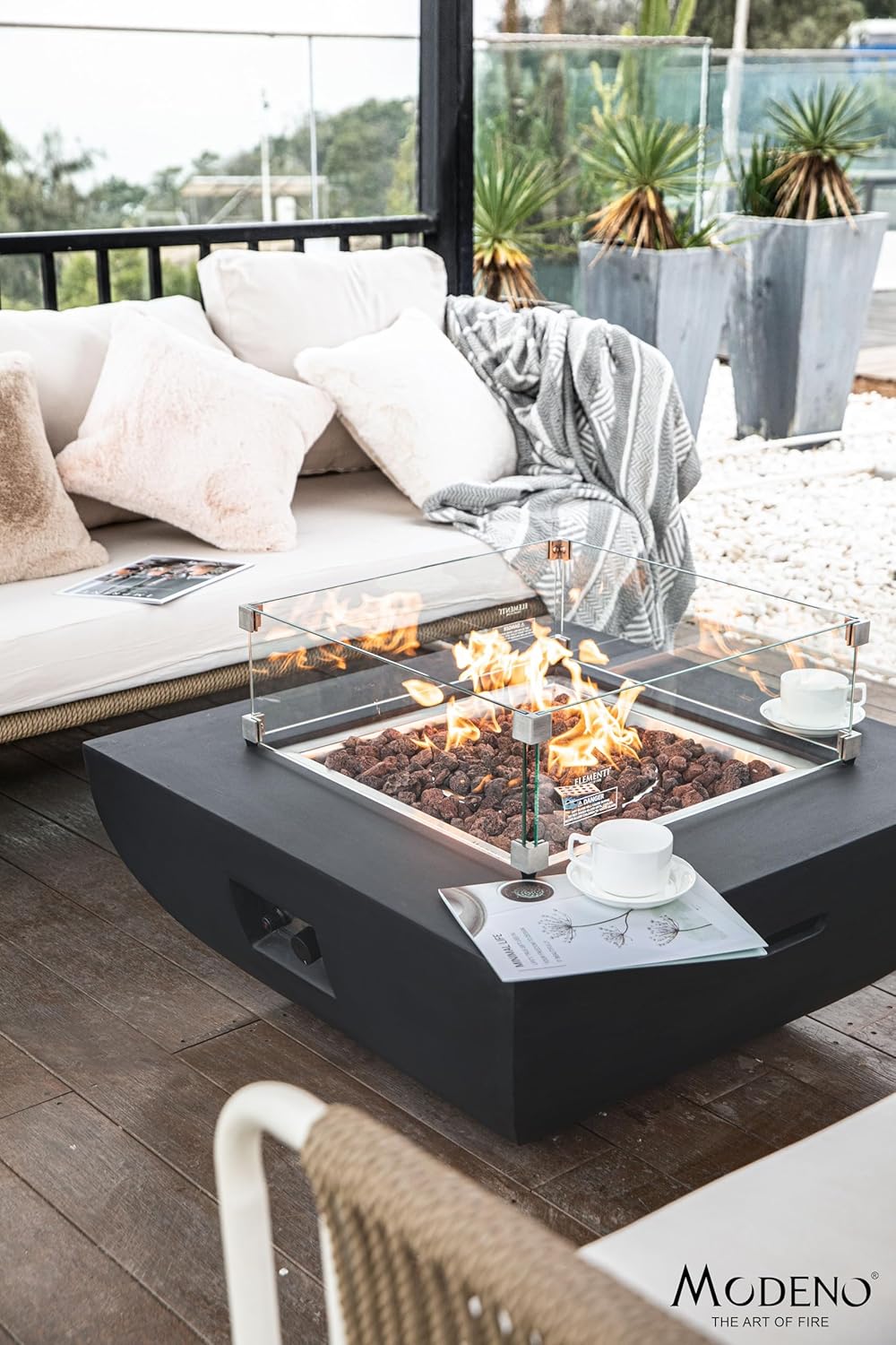 AMS Fireplace | Modeno Aurora Package | Black Liquid Propane Gas Fire Pit Table for Outside Patio Bundle with Tank Cover, Wind Guard, and SS Burner Lid | Free Rubber Mat & Ice Bucket