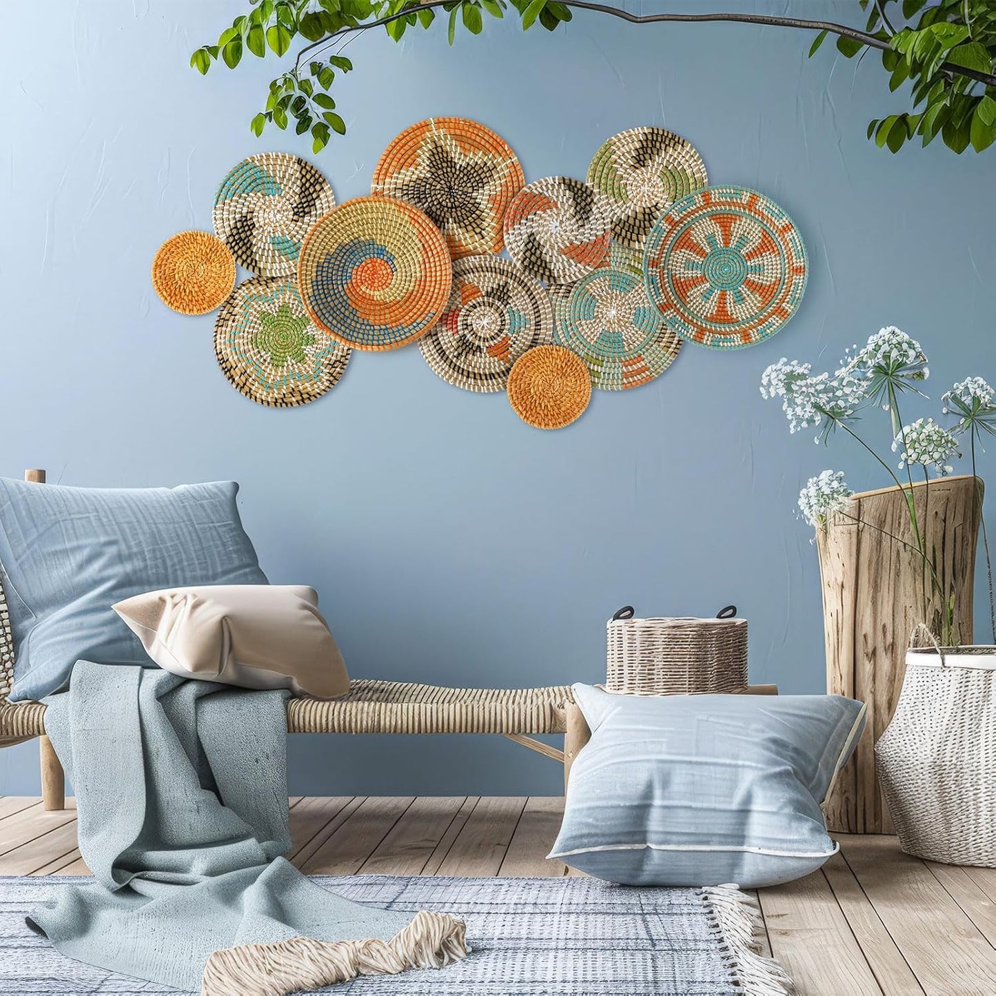 Tatuo 11 Pcs Boho Wall Basket Decor Decorative Bulrush Woven Basket Wall Decor Art Round Farmhouse Hanging Baskets for Kitchen Rustic Home Summer Decorations, Multi Sizes(Farmhouse)