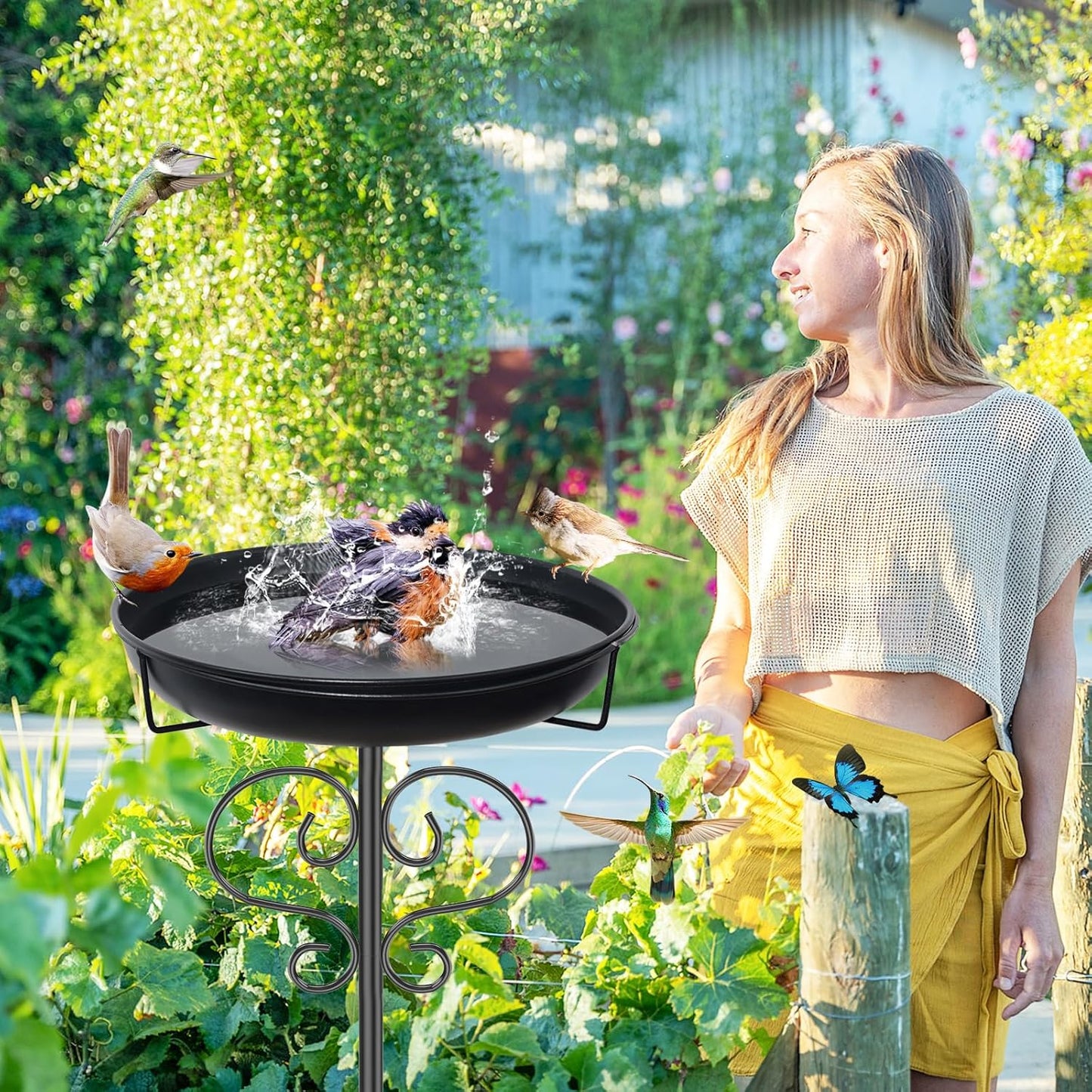 40In Bird Baths for Outdoors, Metal Birdbath Birdfeeder with Heavy Duty 5 Prong Stake, Vintage Detachable Bird Bath Water Feeder Bowl for Garden Yard Lawn Decor Black