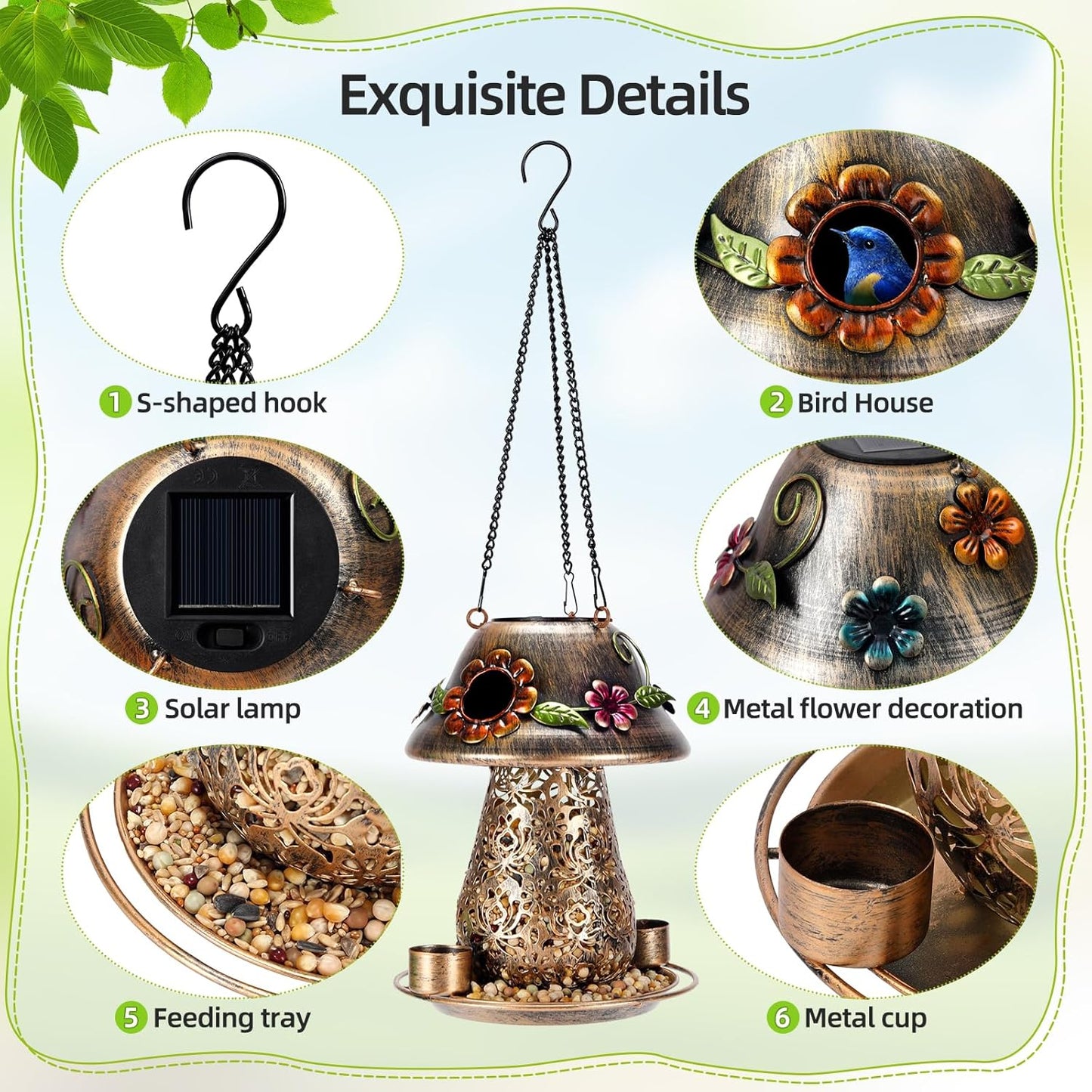 Mushroom Solar Bird Feeders for Outdoors Hanging Metal Wild Bird Feeder Garden Lantern with S Hook for Garden Decoration Brown